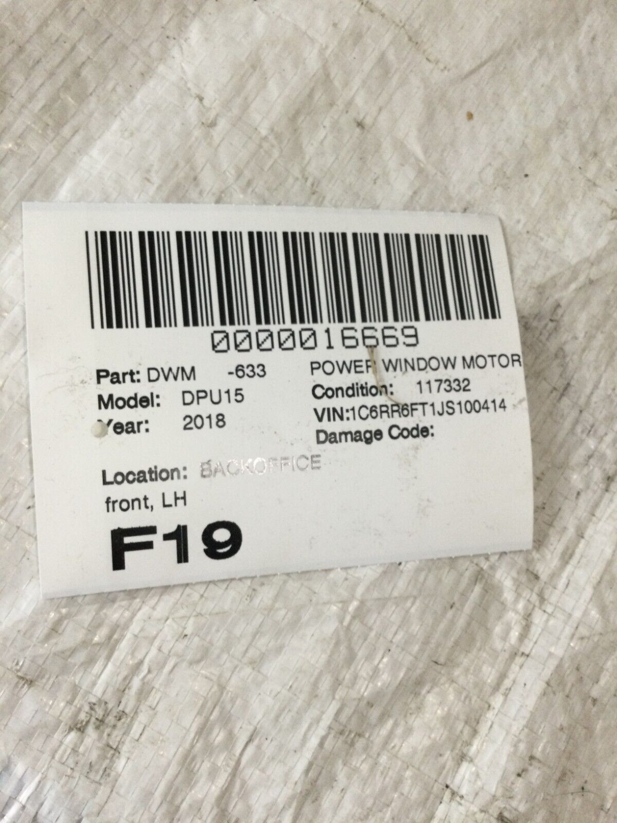 2018 RAM 1500 Front Left Driver Door Power Window Motor OEM