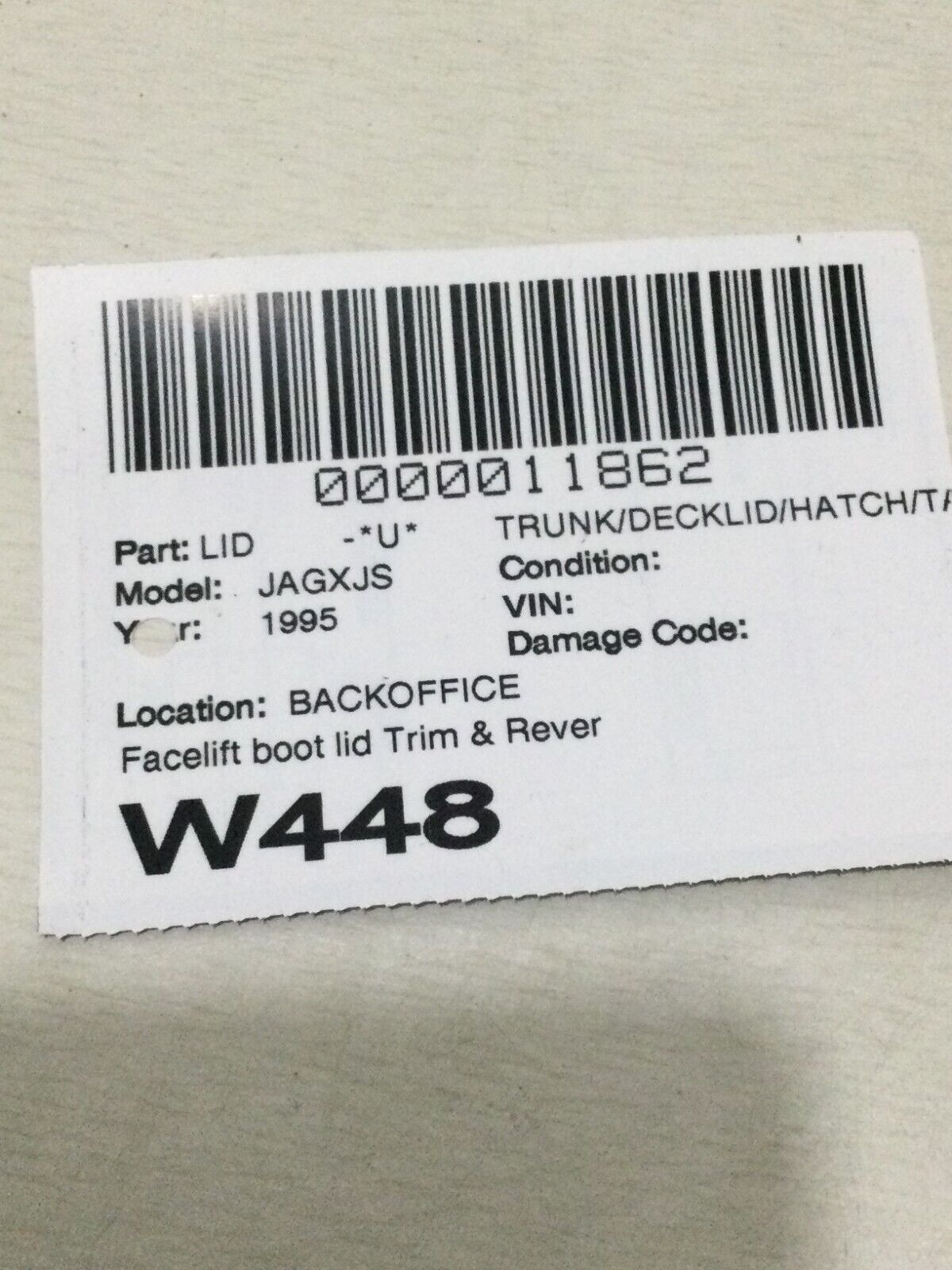 1995 Jaguar XJS Facelift Boot Lid Finisher Panel Trim Rever W/ Lights OEM