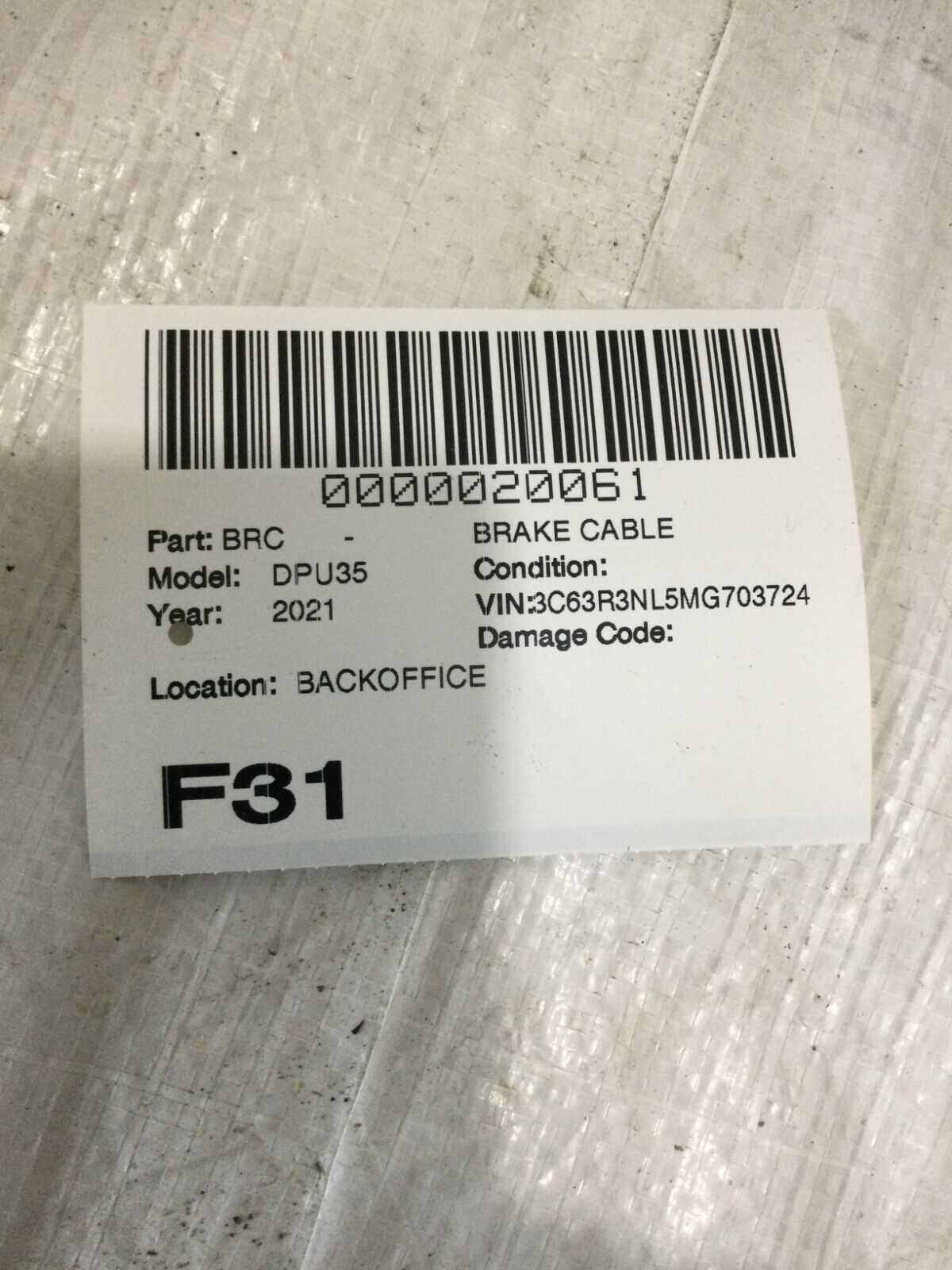 2021 RAM 3500 Park Brake Cable Assembly OEM