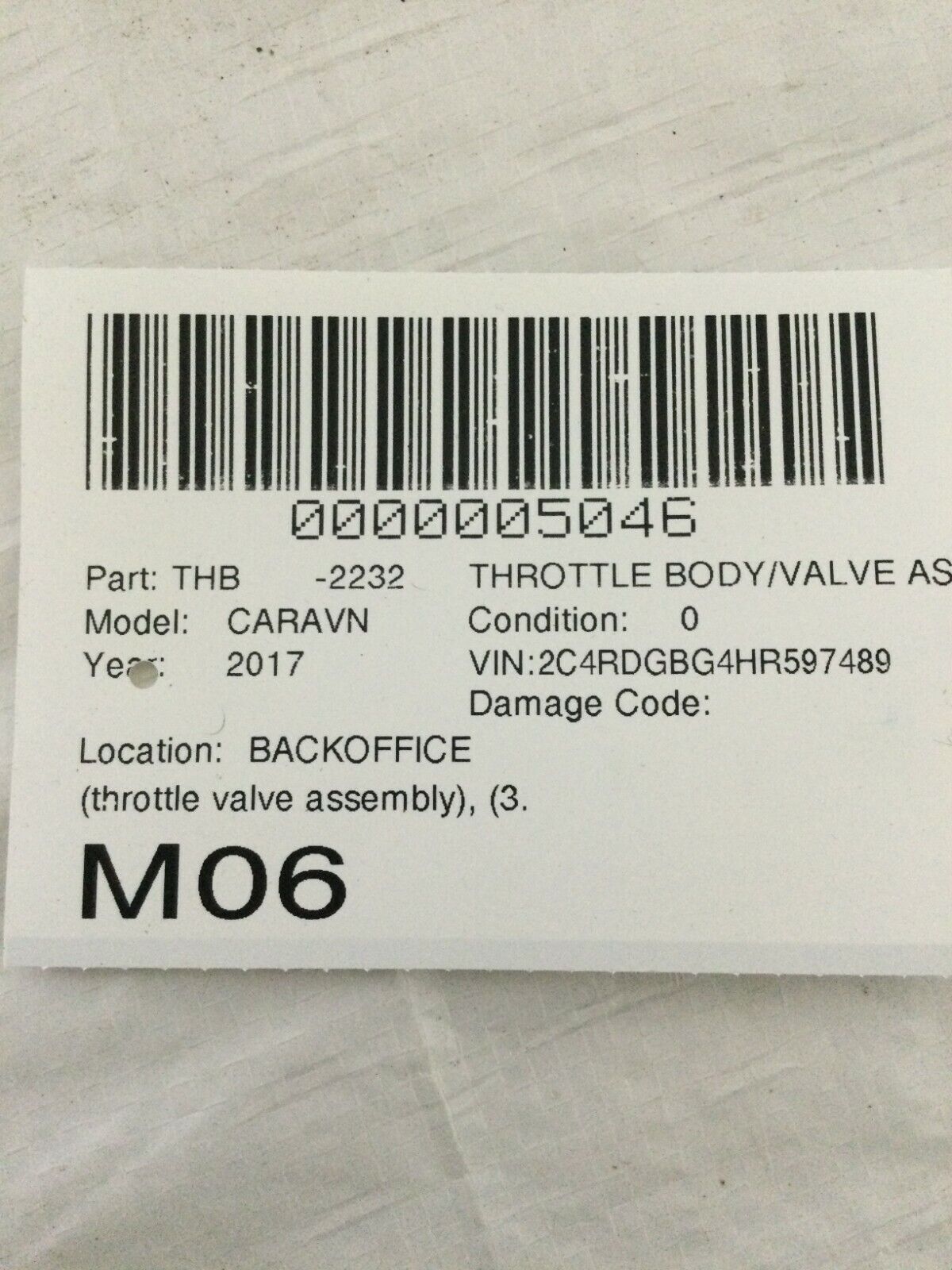 2017 Dodge Grand Caravan Throttle Body Valve Assembly OEM
