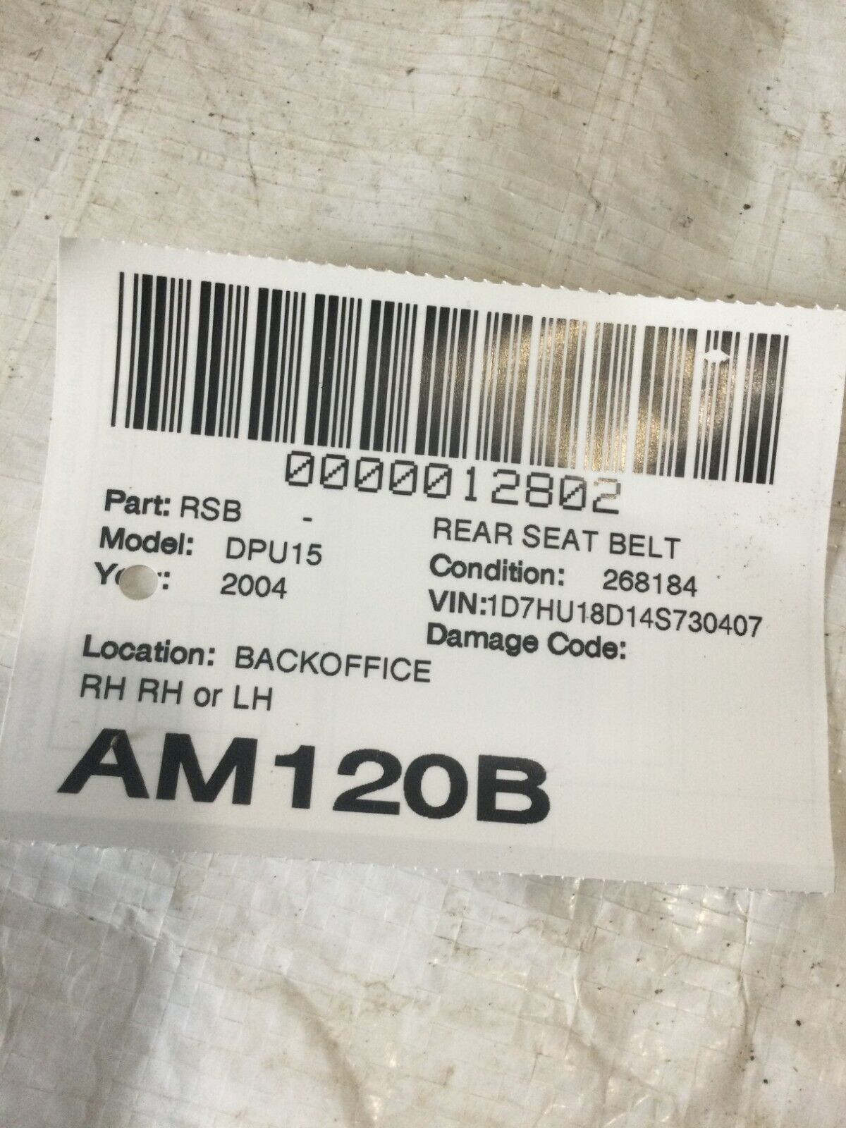 2004 Dodge Ram 1500 Rear Right Seat Belt OEM