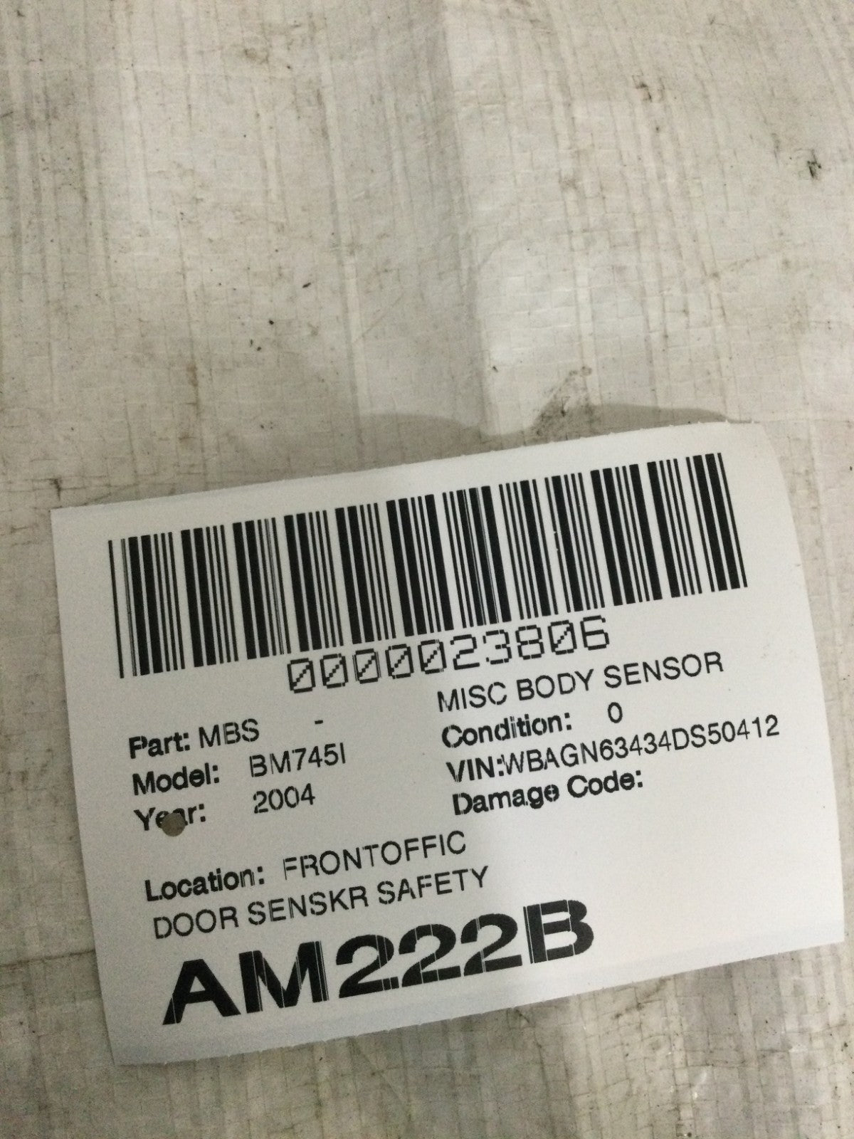 2004 BMW 745I Front Left Drivers Door SRS Sensor OEM 65.77-6937419