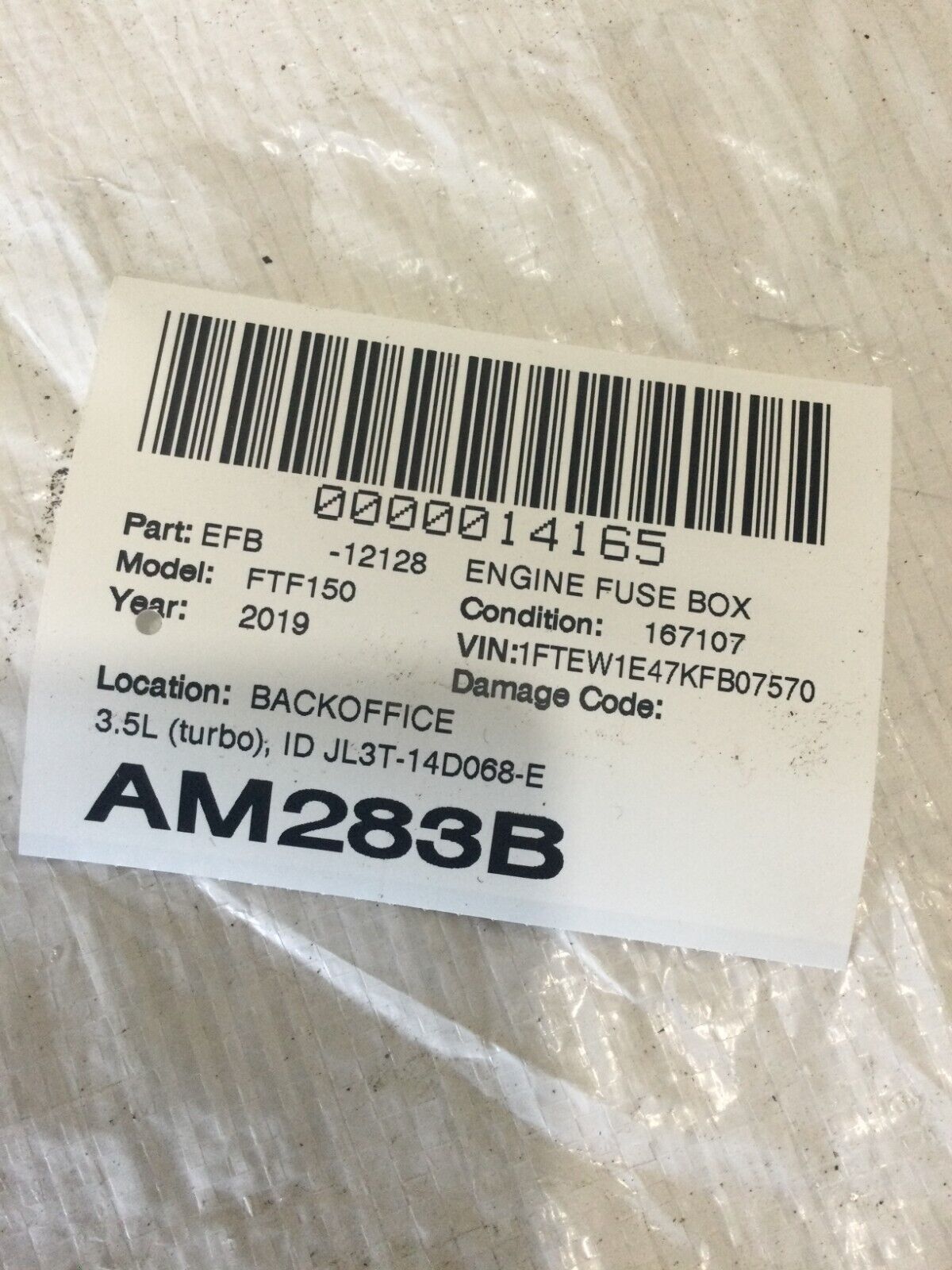 2019 Ford F150 Engine Fuse Box 3.0L JL3T14D068-EE OEM