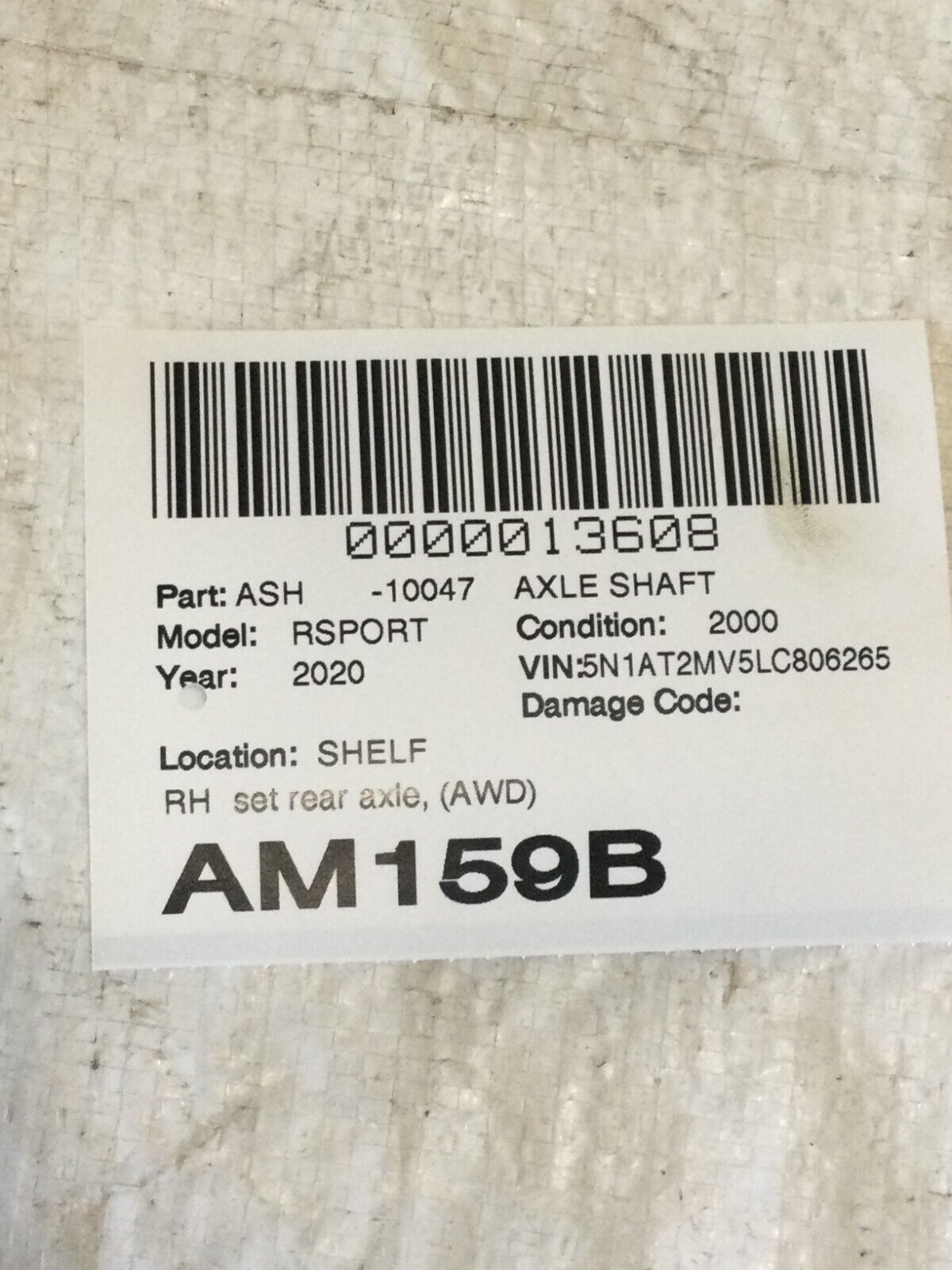 2020 Nissan Rogue Right Rear Axle Shaft OEM AWD