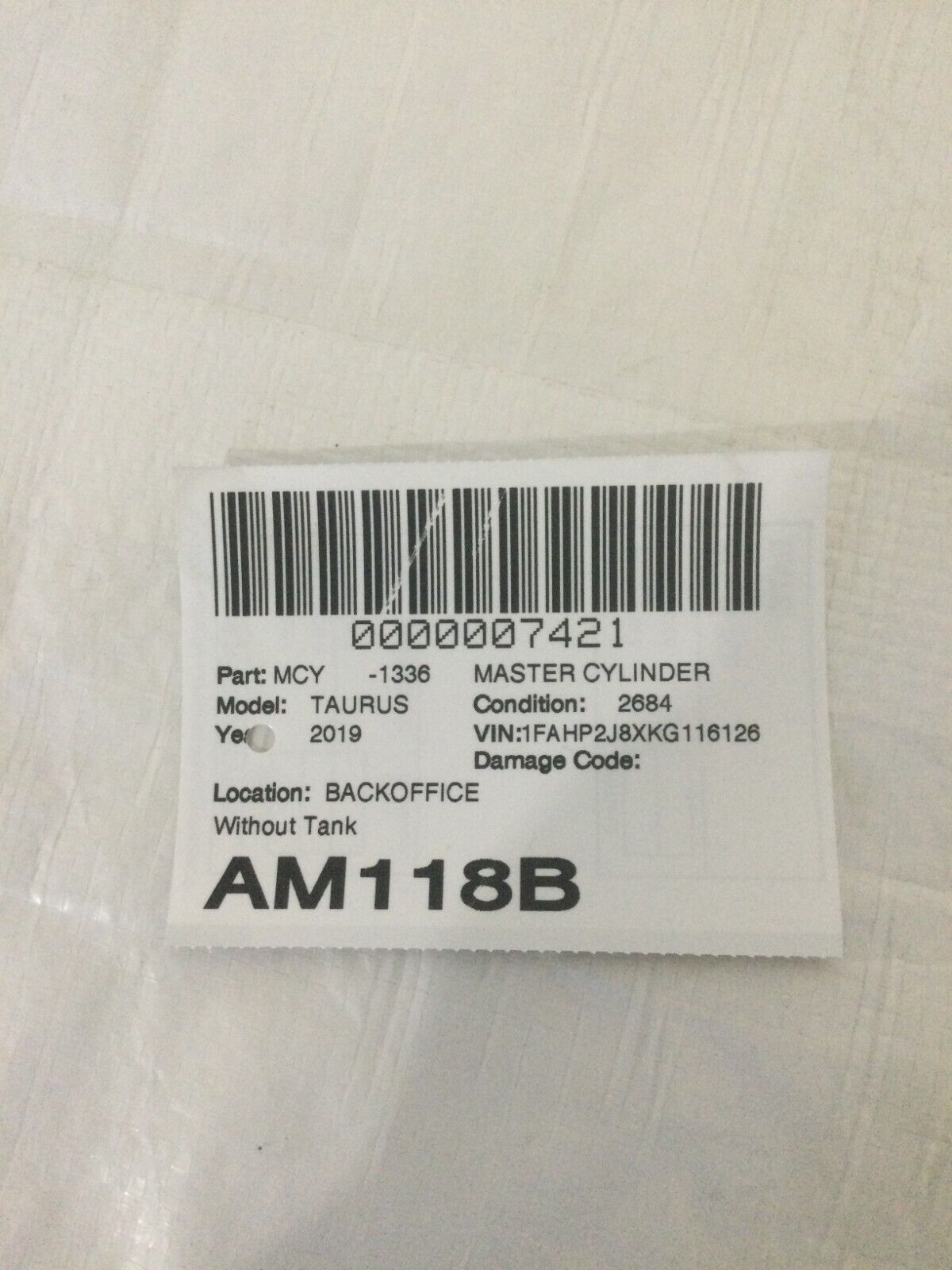 2019 Ford Taurus Master Brake Cylinder W/O Tank OEM