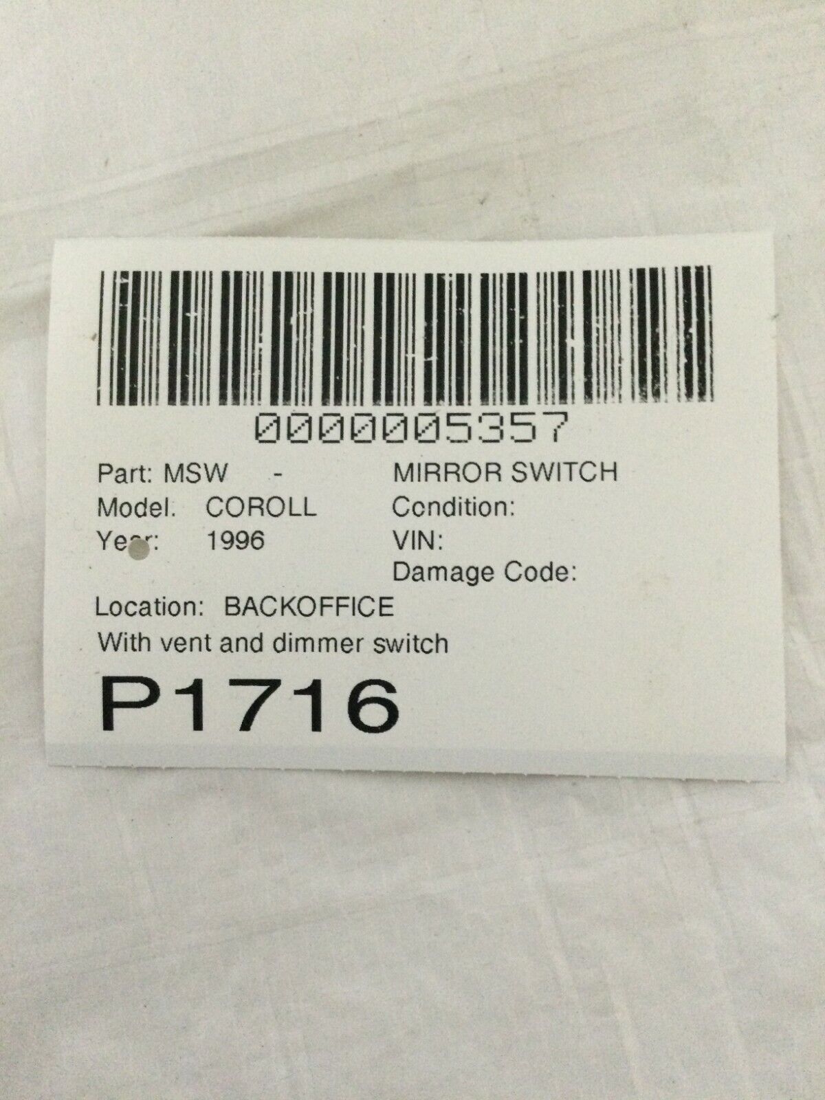 1996 Toyota Corolla AC Dash Vent Trim Molding W/ Mirror Switch 55414-02020