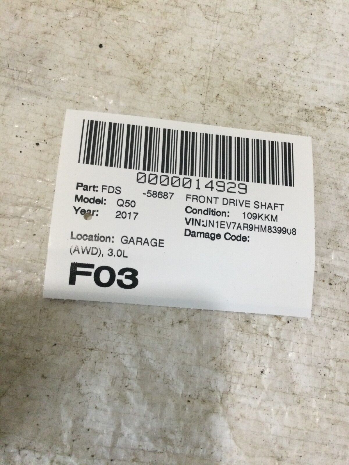 2017 Infiniti Q50 AWD Front Drive Shaft 3.0L OEM