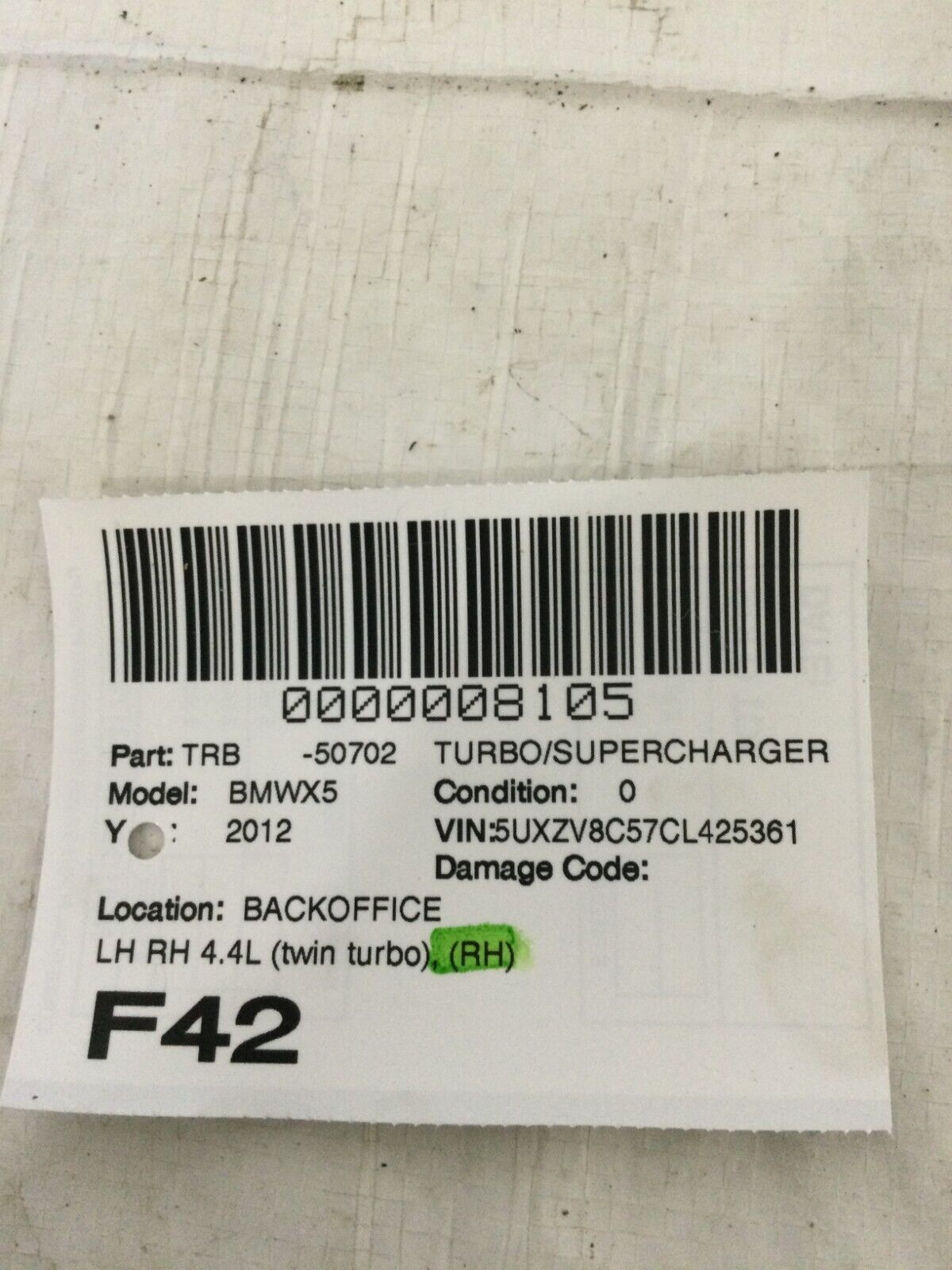 Passenger / Right Turbo/Supercharger 4.4L Twin Turbo 10-12 BMW X5 E70 OEM RH