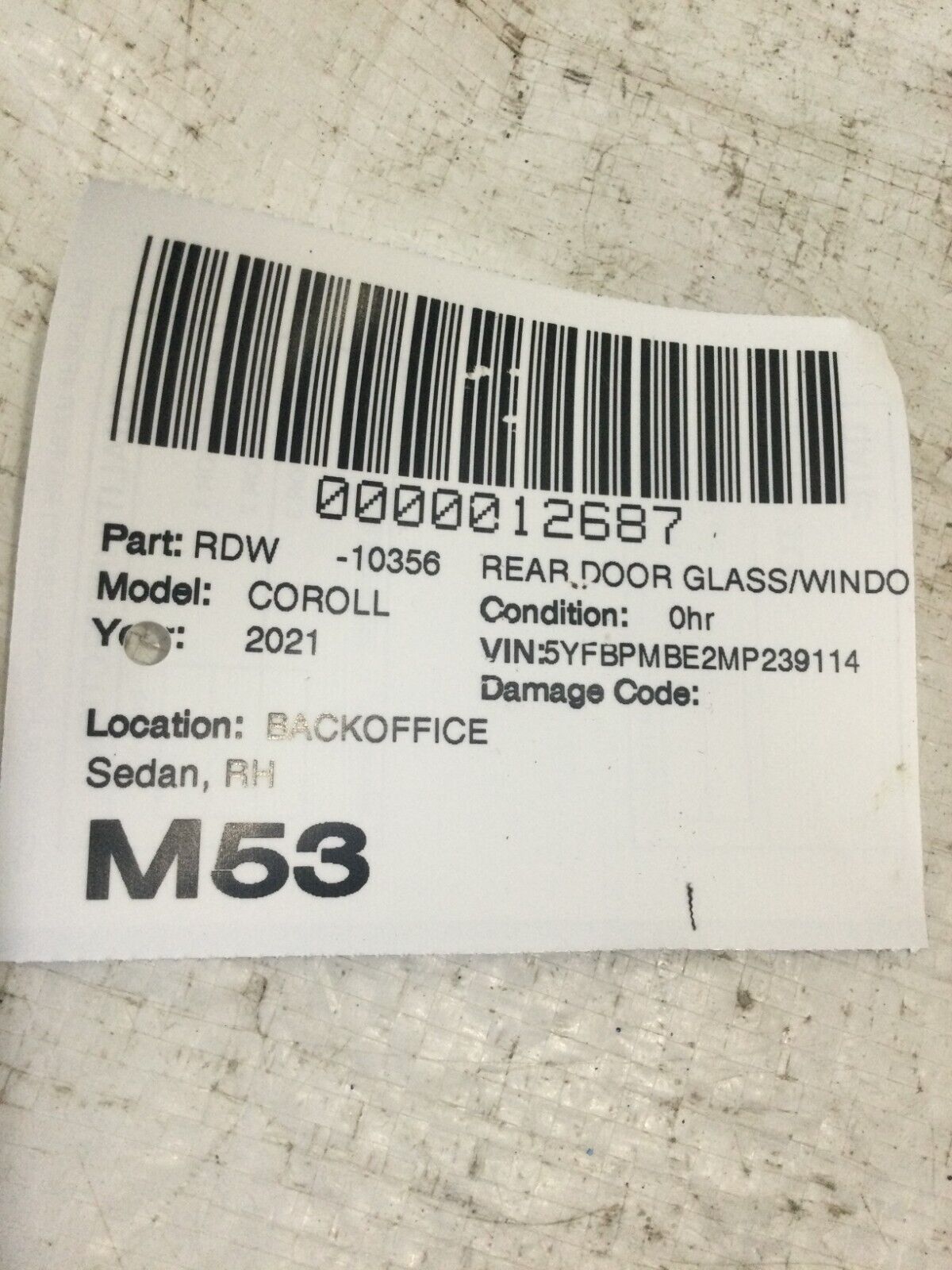 2020-2021 Toyota Corolla Rear Right Door Window Vent Glass OEM