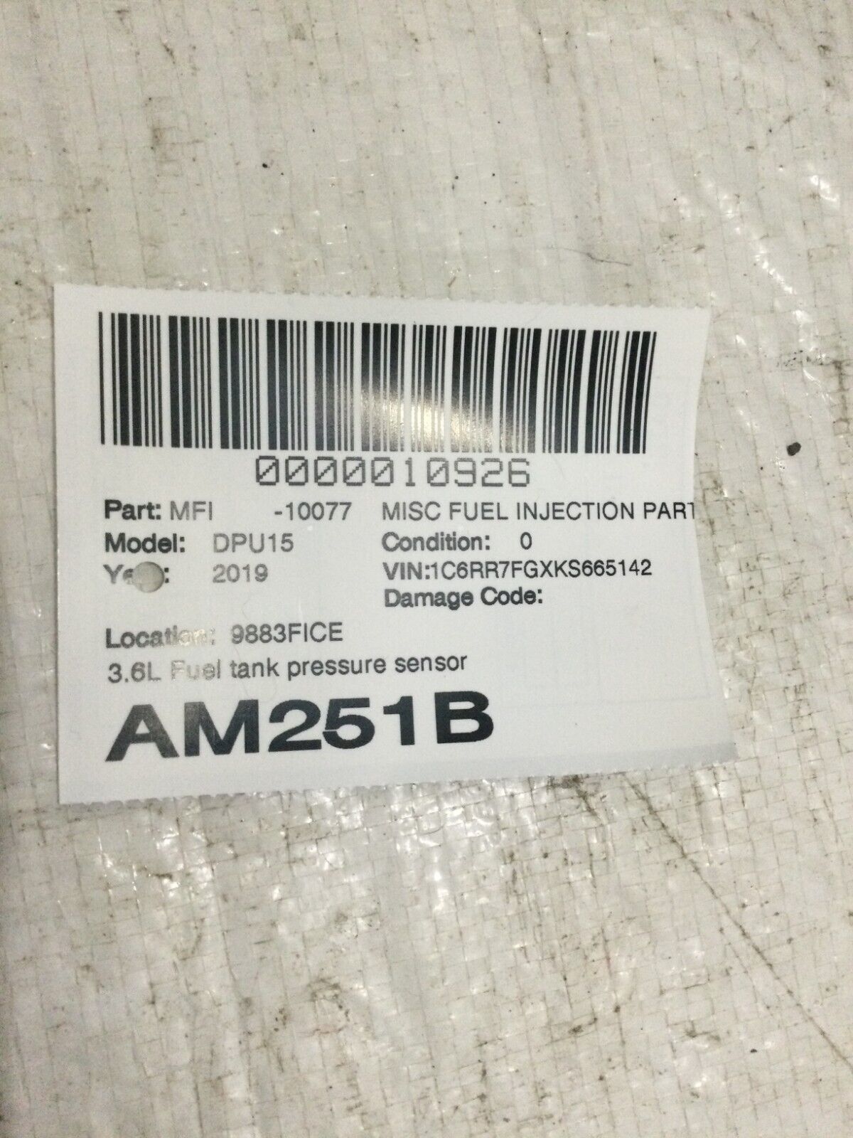 2019 Dodge Ram 1500 Fuel Tank Pressure Vapor Sensor OEM 04593949AB