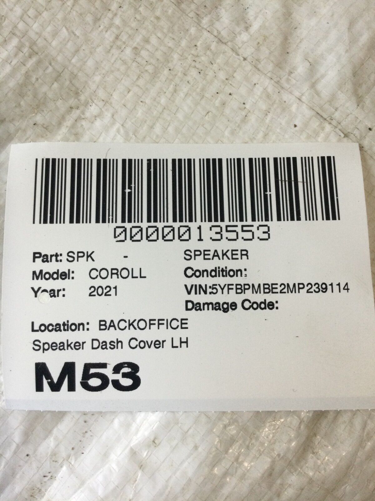 2021 Toyota Corolla Dash Cover Left Side Audio Speaker