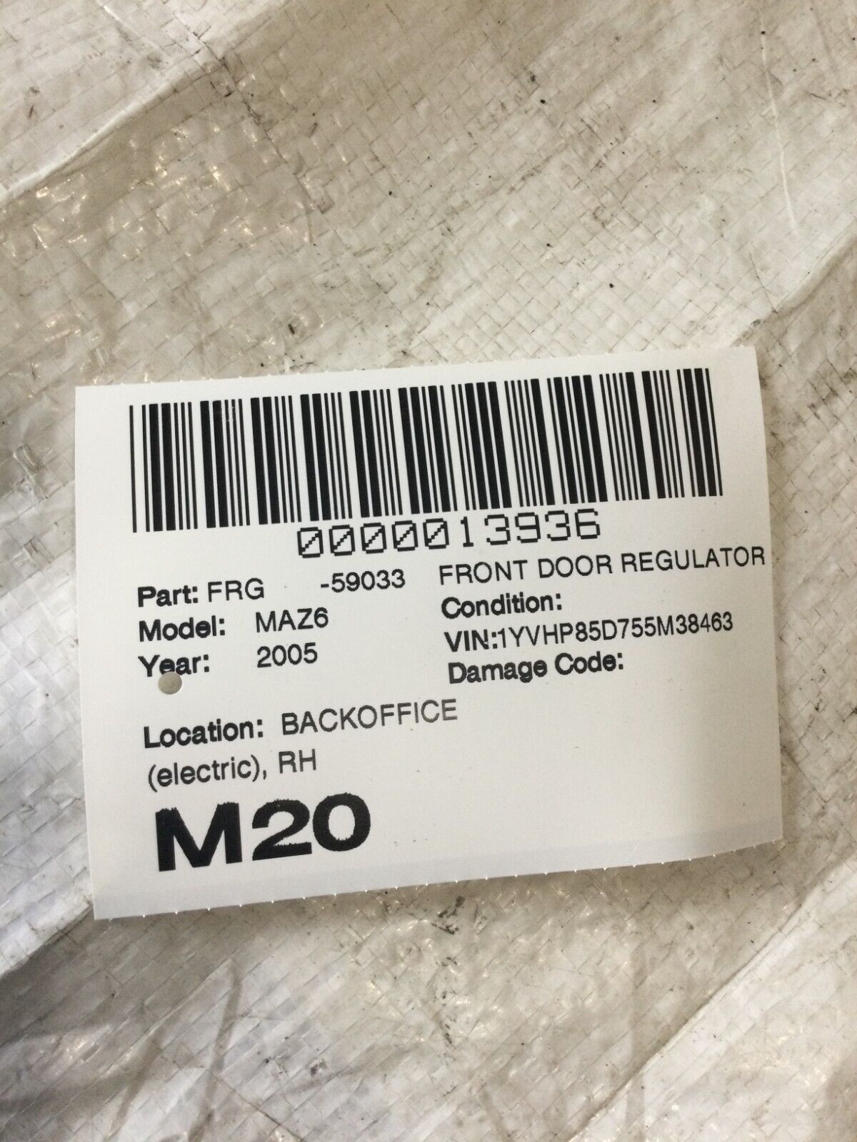 2005 Mazda MAZDA6 Right Passenger Front Door Regulator Motor OEM
