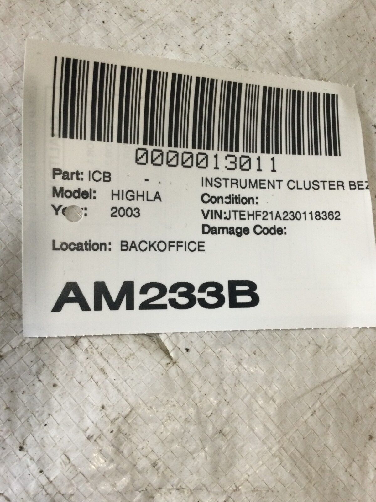 2003 Toyota Highlander Speedometer Instrument Cluster Bezel OEM