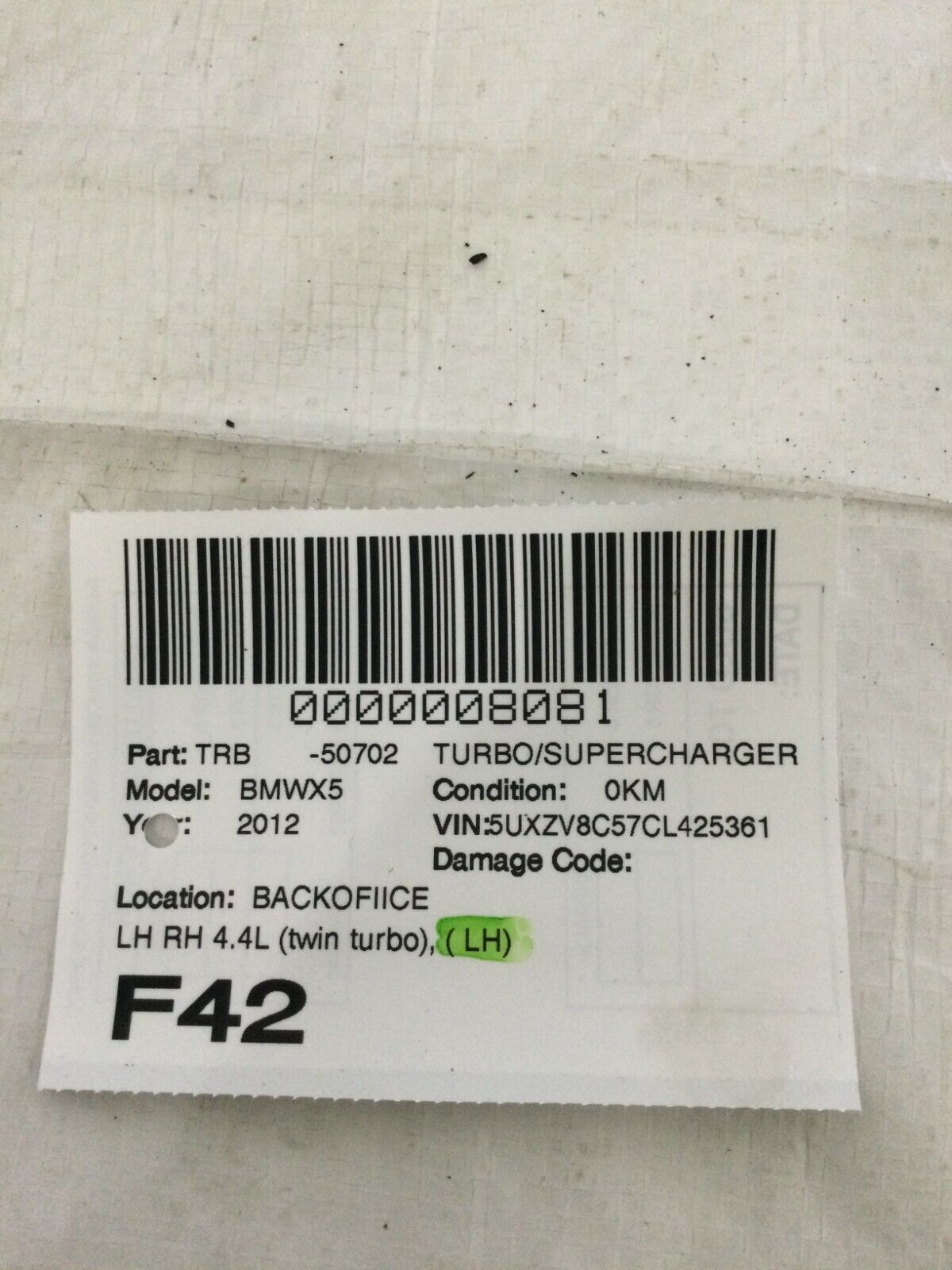 Driver Left Turbo/Supercharger 4.4L Twin Turbo 10-12 BMW X5 E70 OEM