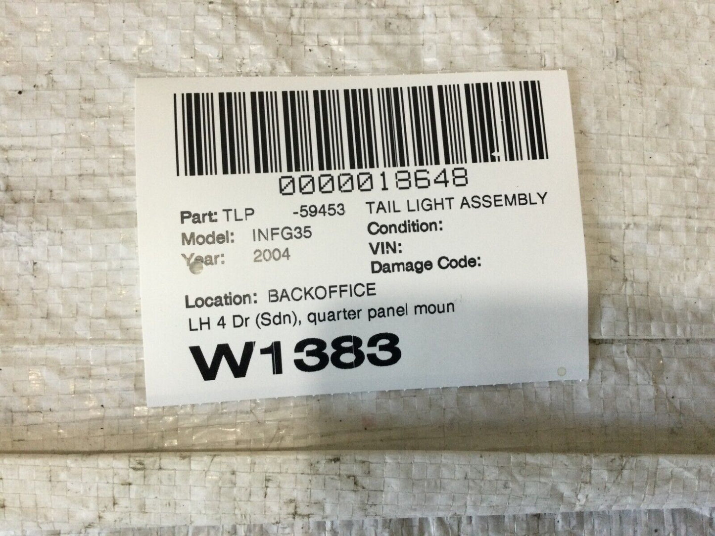 2004 Infinity G35 Left Driver Side Taillight Assembly