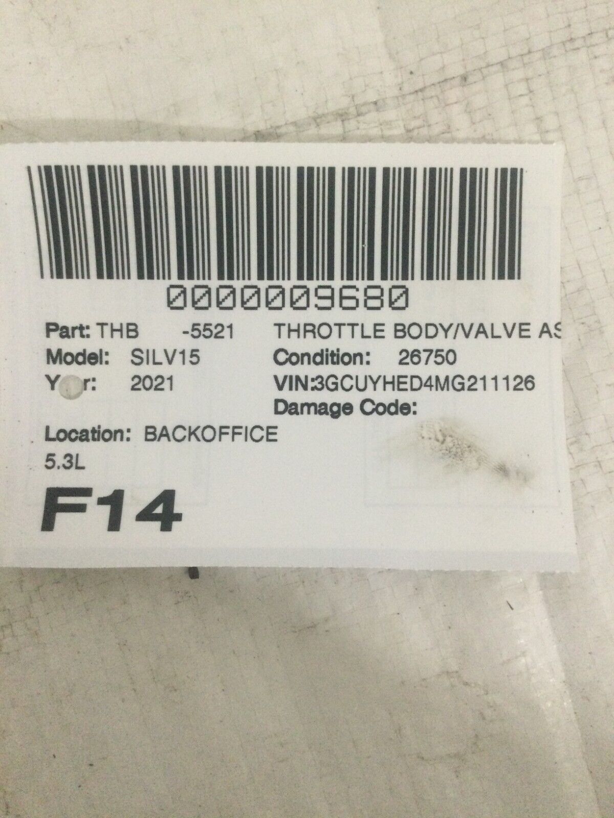 2021 Chevrolet Silverado 1500 Throttle Body Assembly OEM 5.3L