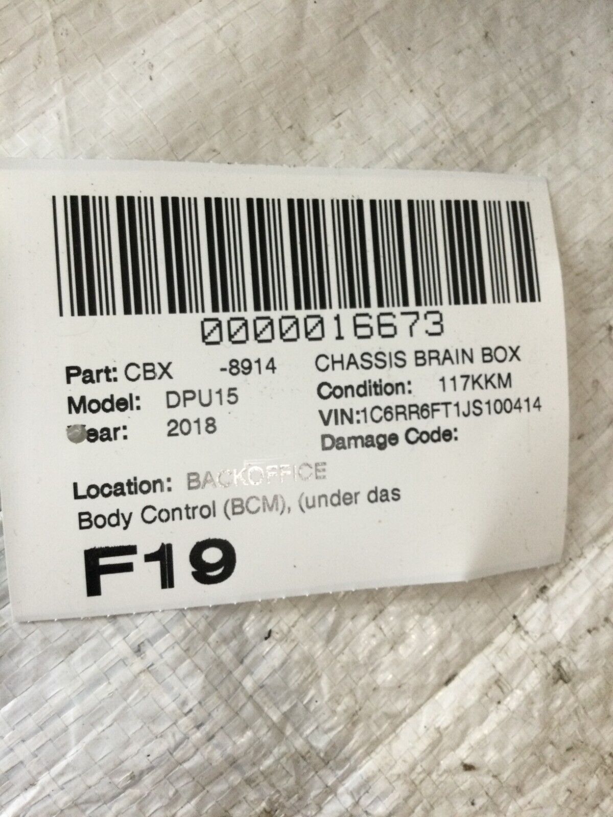 2018 RAM 1500 Body Control Module BCM 68357472AC OEM