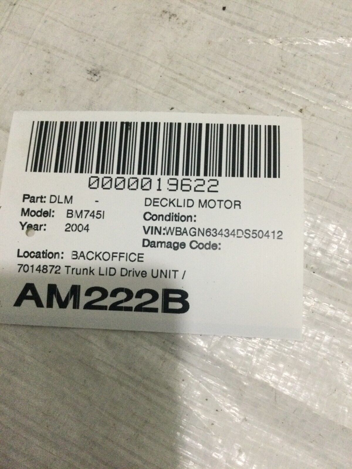 2004 BMW 7-Series Deck lid pull down motor engine OEM