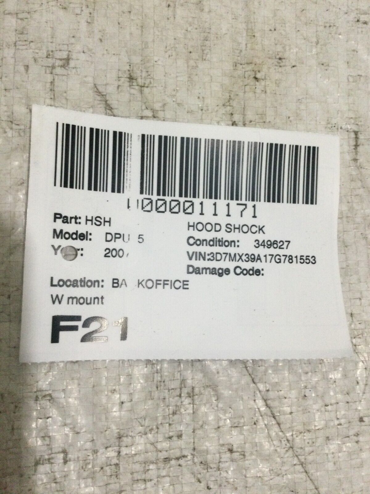 2007 Dodge Ram 3500 Hood Shock W/ Mount OEM