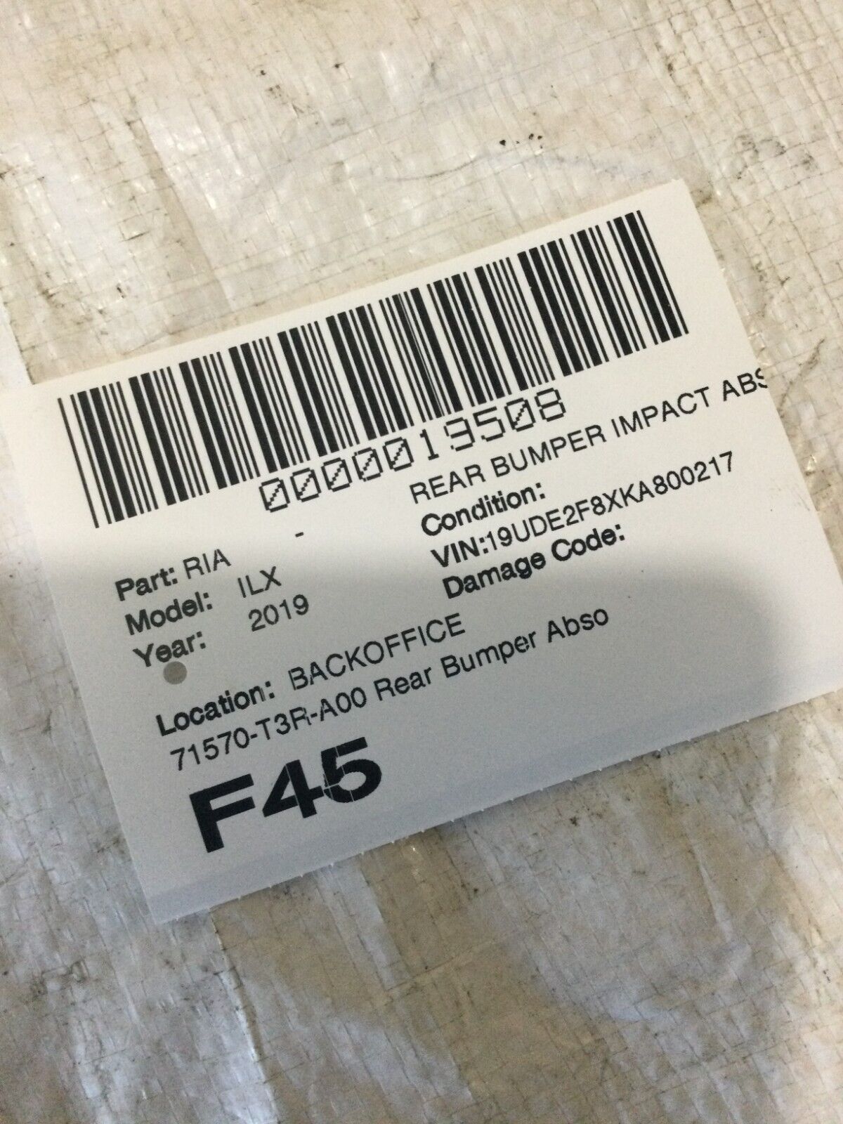 2019-2022 Acura ILX Rear Bumper Reinforcement Impact Absober OEM