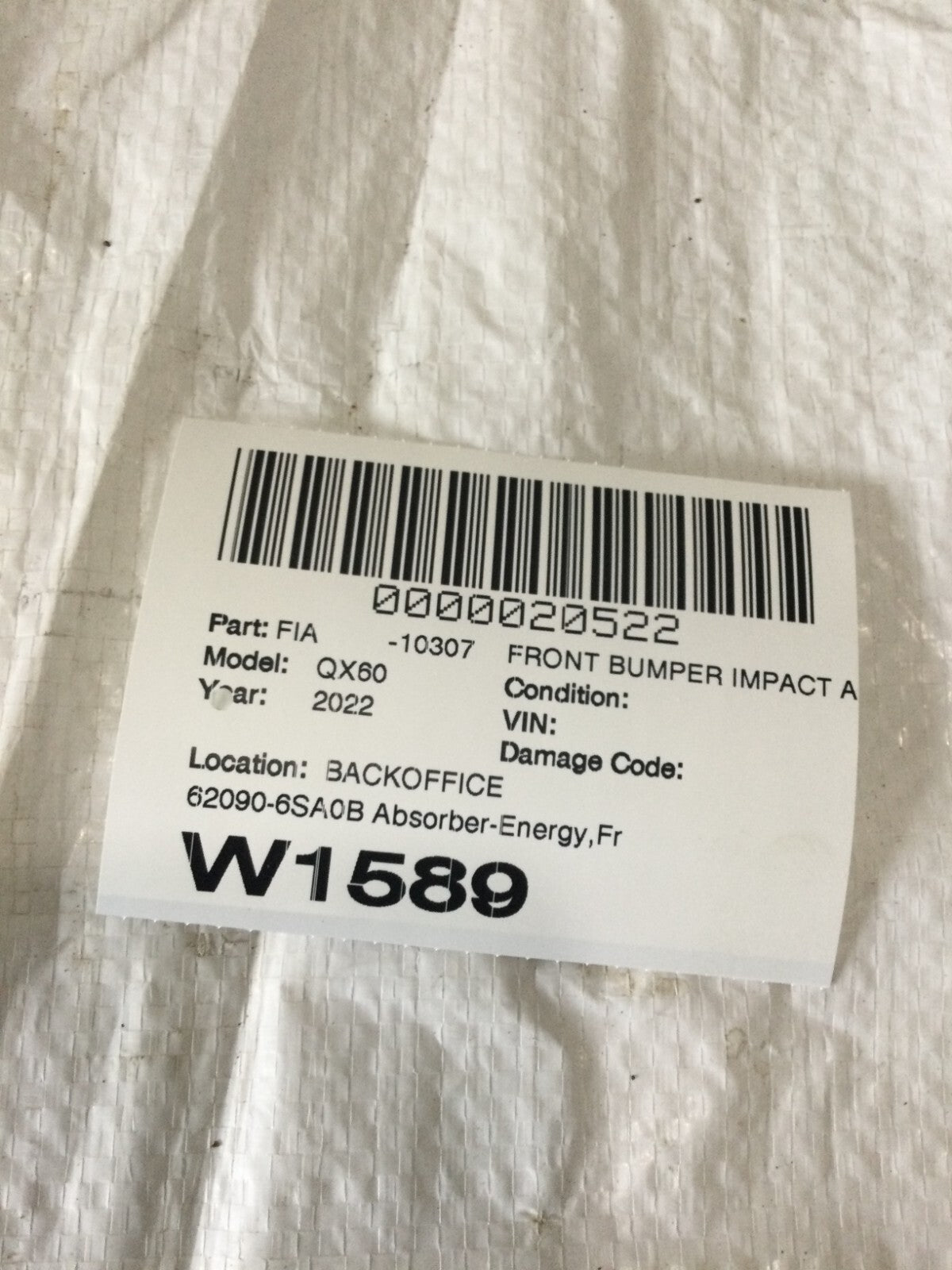 2022 INFINITI QX60 FRONT BUMPER IMPACT ENERGY ABSORBER OEM 620906SA0B