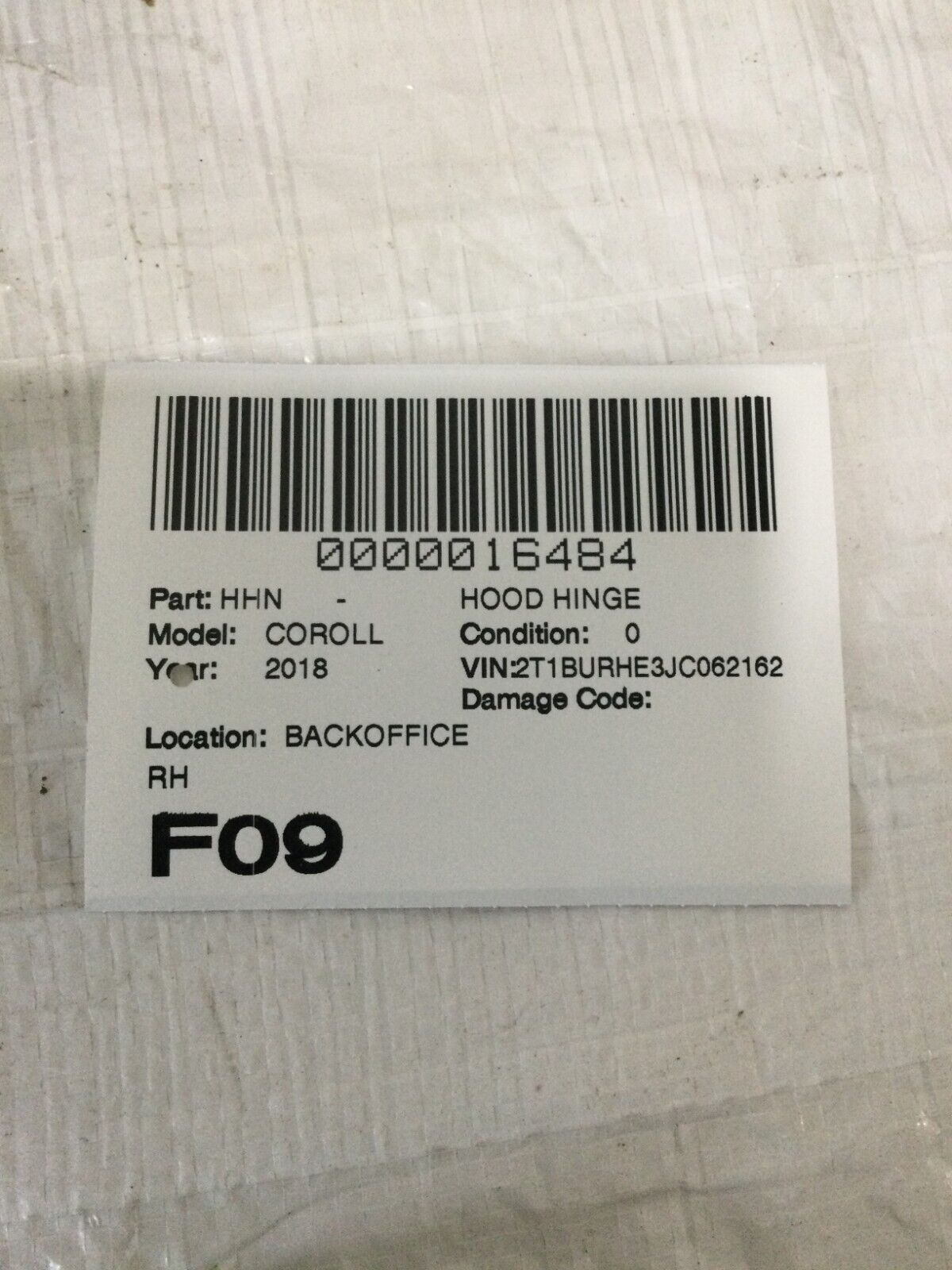 2018 Toyota Corolla Hood Hinge Right OEM