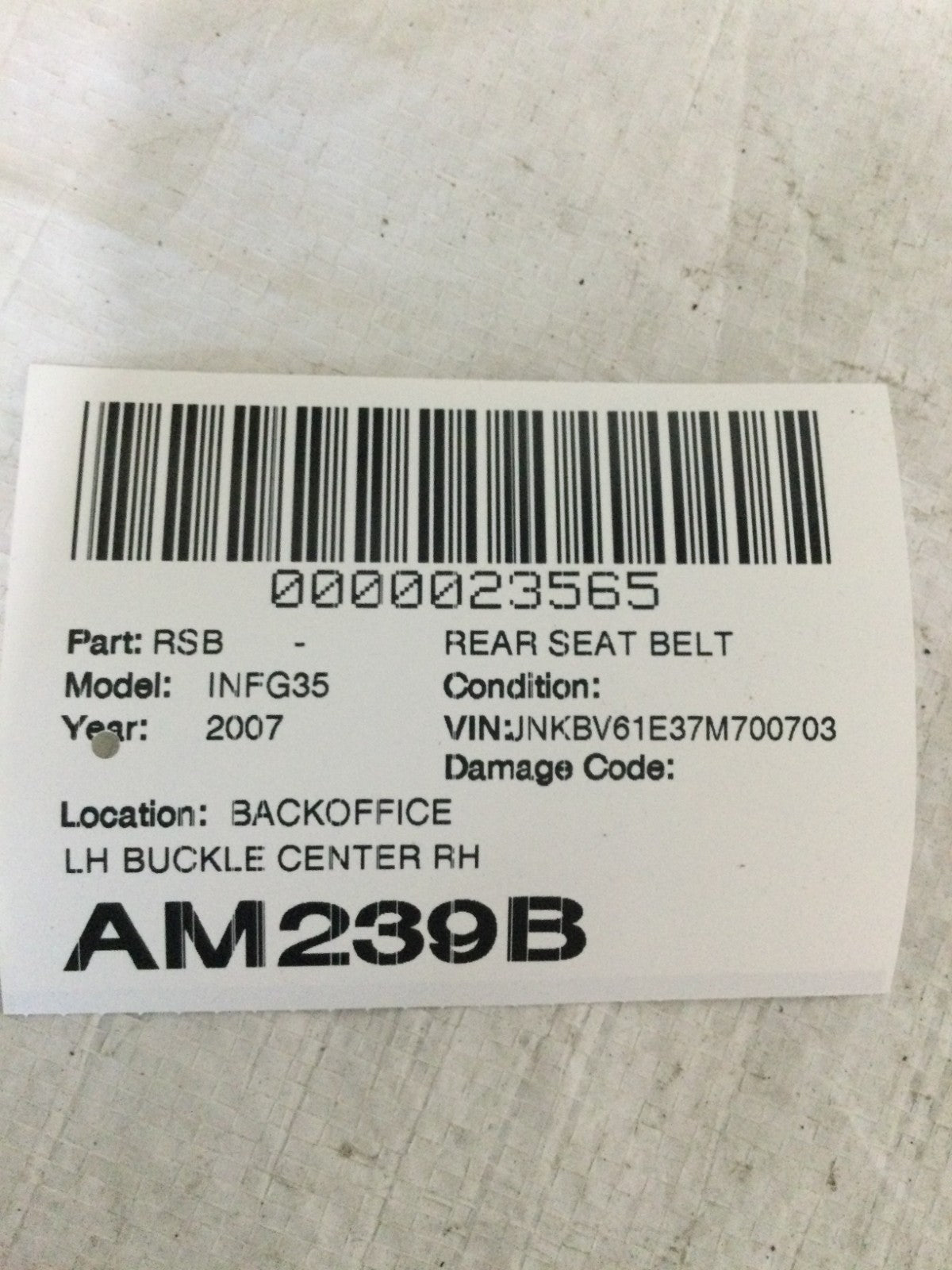 2007 Infiniti G35 Rear Center Buckle Seat Belt OEM