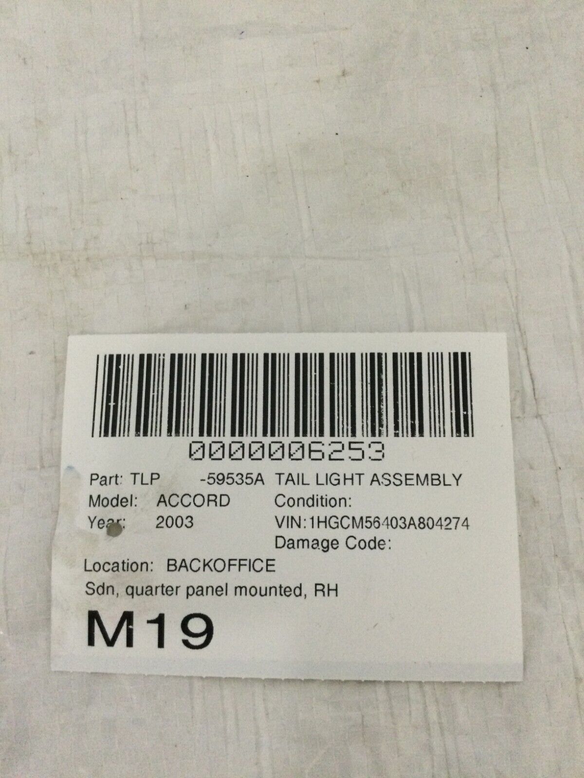 2003-2005 Honda Accord Sedan Right Rear Passenger Side Tail Light Assembly OEM