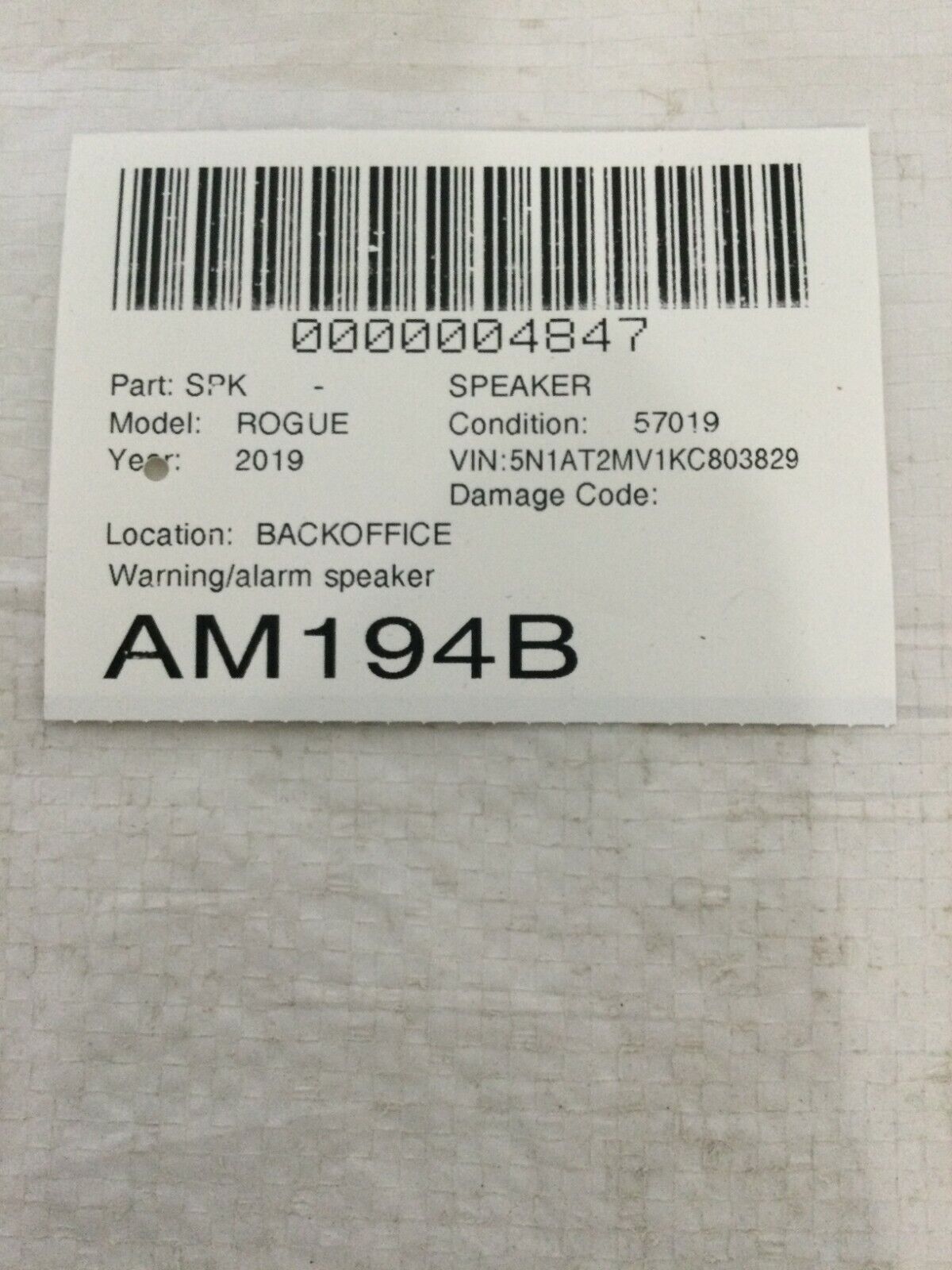 2019 Nissan Rogue Front Under Dash Alarm Speaker OEM