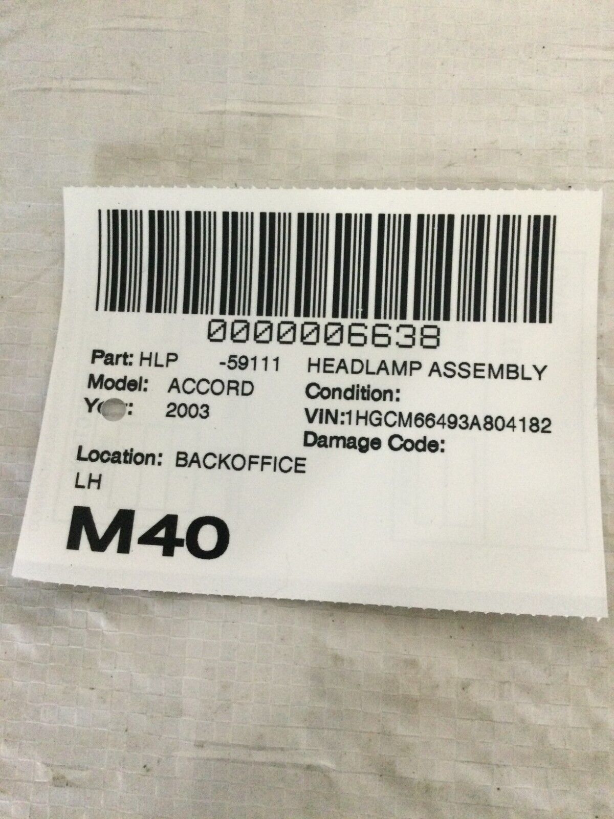 2003-2007 Honda Accord Halogen Headlight Left Driver Side LH