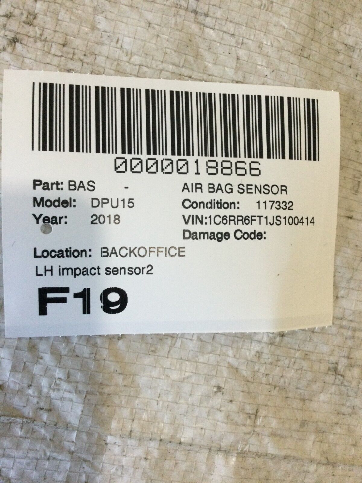 2018 Dodge Ram 1500 Crash Impact Sensor OEM