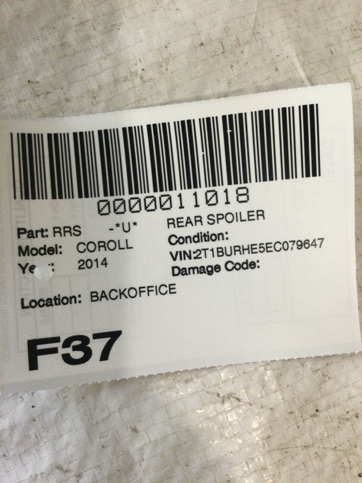 Toyota Corolla 2014 Rear Trunk Lid Wing Trim Spoiler Molding 76085-02150 OEM