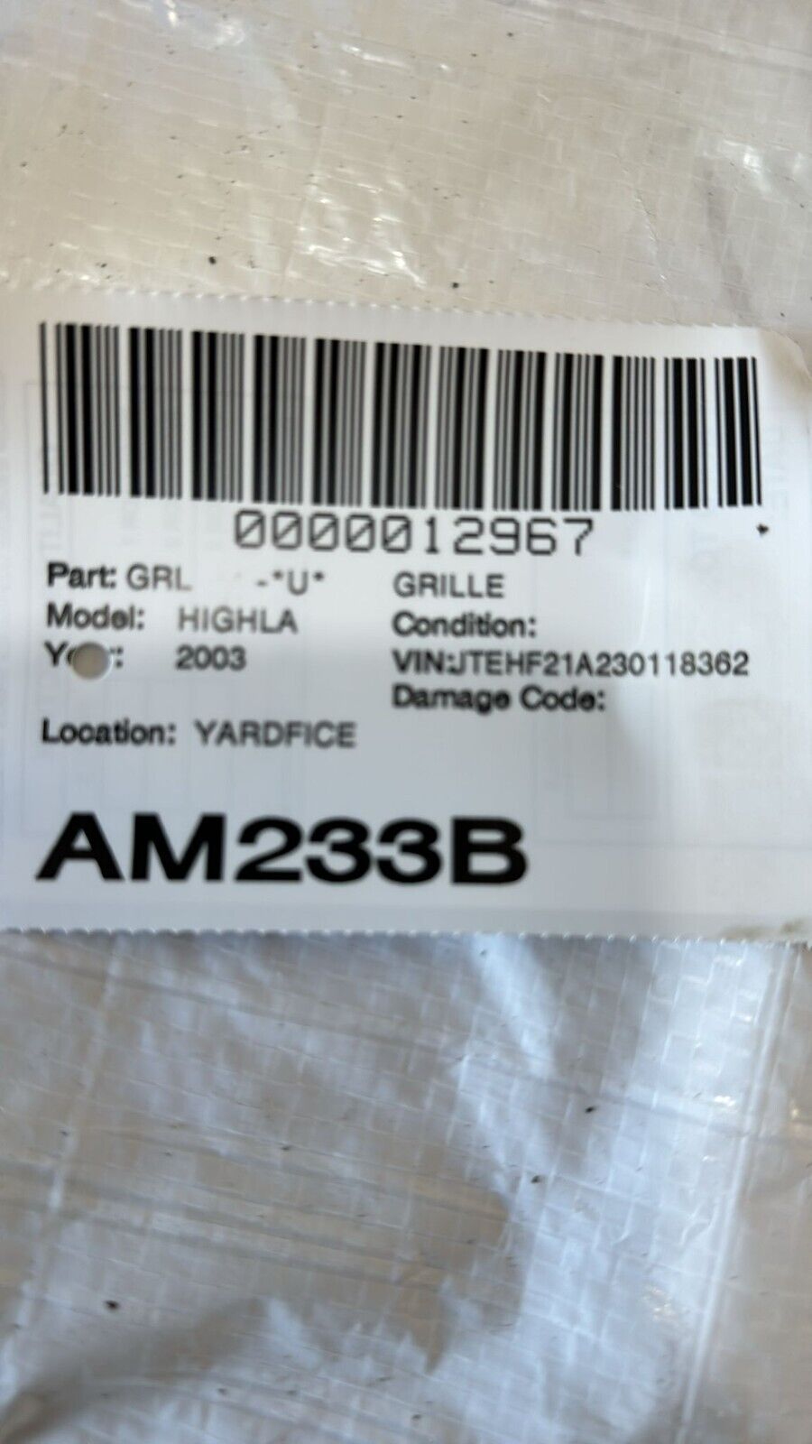 2001-2003 Toyota Highlander Front Grille Grill OEM