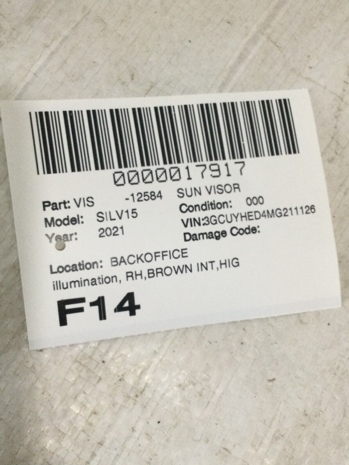 2021 Chevrolet Silverado 1500 Right Passenger Illuminated Sun Visor OEM