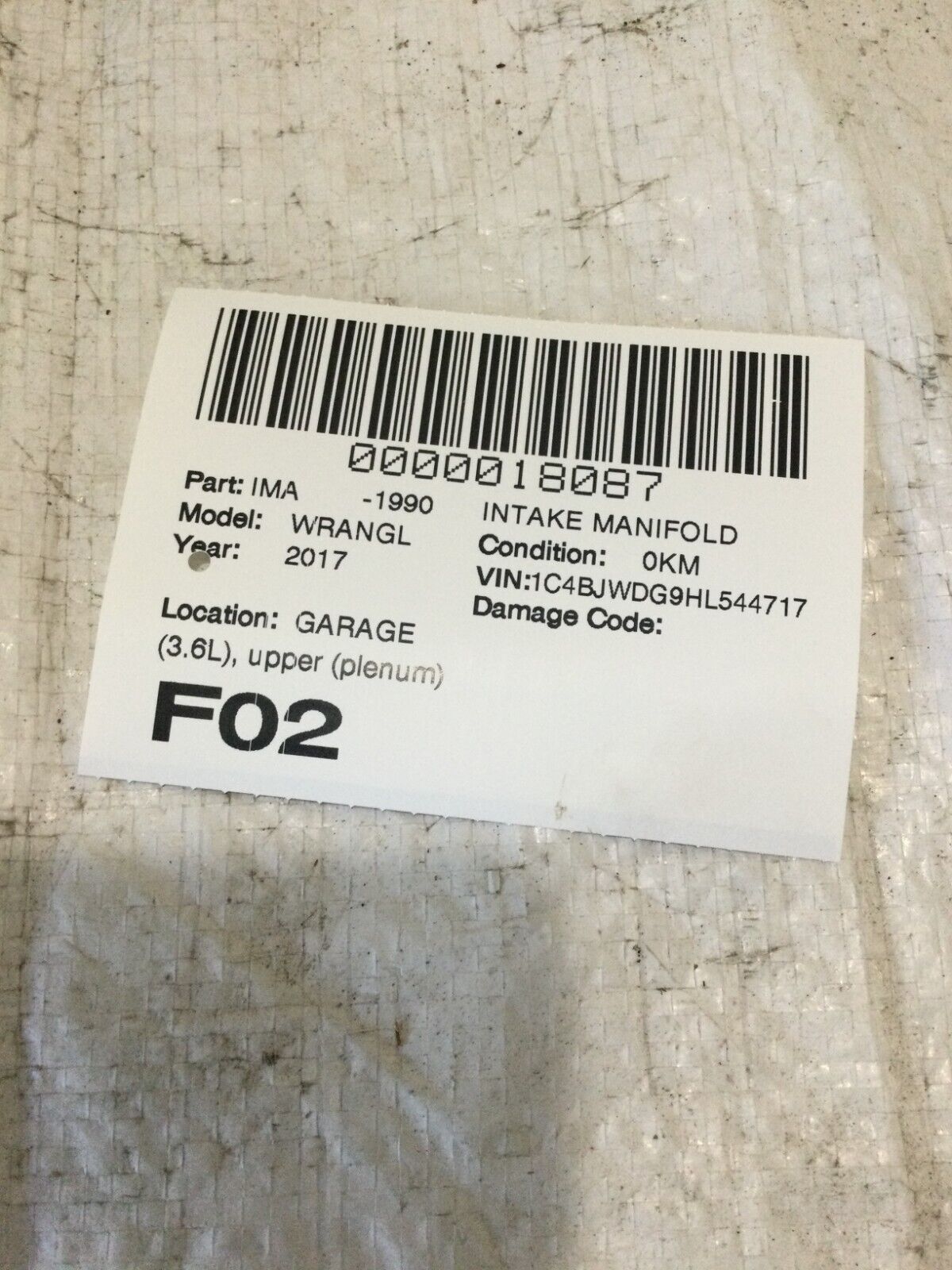 2017 Jeep Wrangler Upper Intake Manifold Assembly OEM 72141253