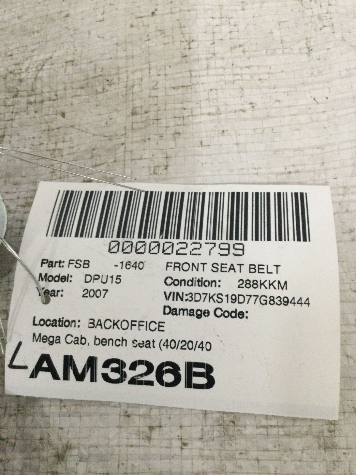 2007 Dodge Ram 1500 Front Left Drivers Seat Belt OEM 2025739AE