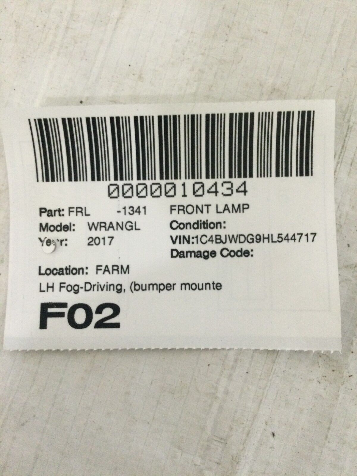 2017 Jeep Wrangler Front Left Fog Light OEM