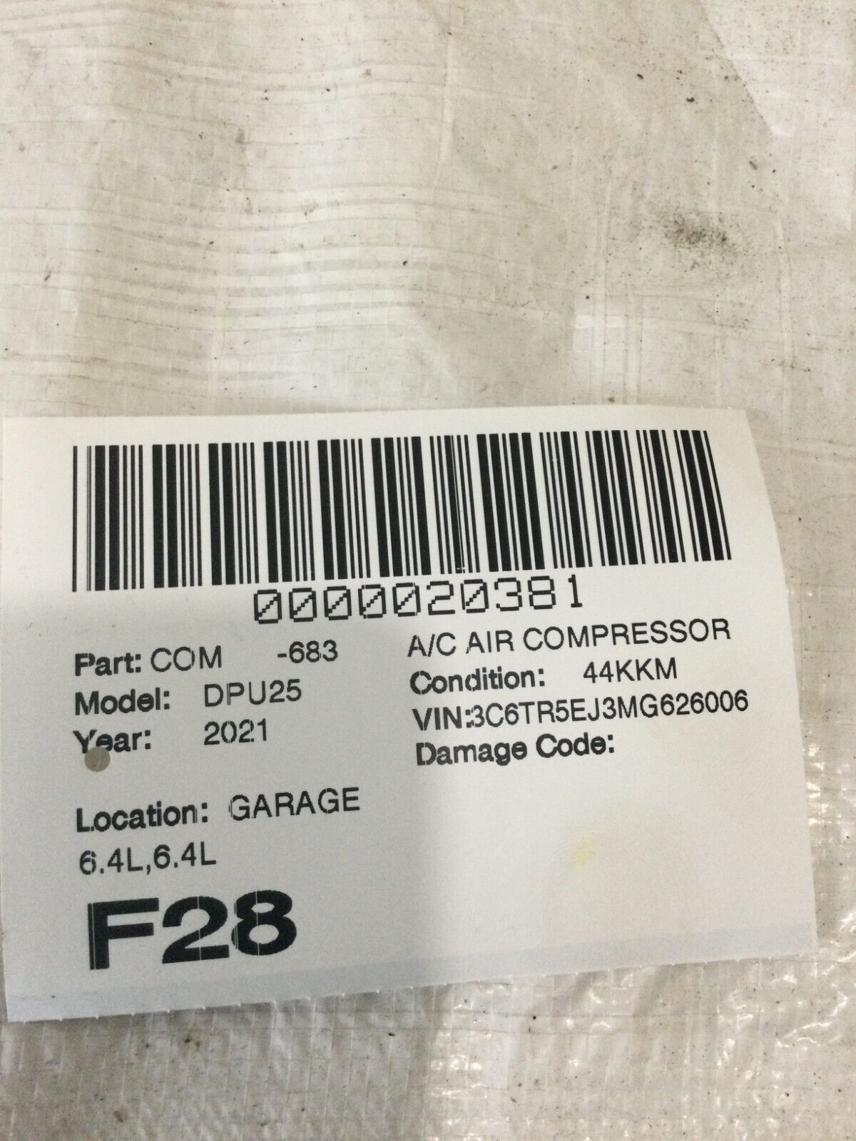 2021 Dodge Ram 2500 6.4L A/C Compressor OEM 68454989AA