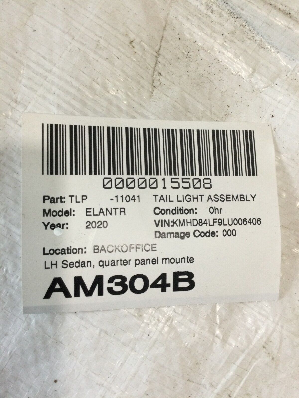 2020 Hyundai Elantra Sedan Rear Left Driver Side Tail Light Assembly