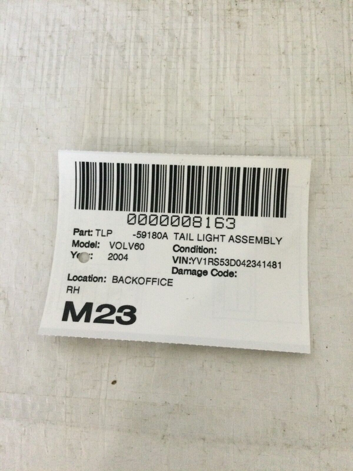 2004 Volvo S60 Drivers Left Side TailLight Lamp Assembly LH 8664080 OEM