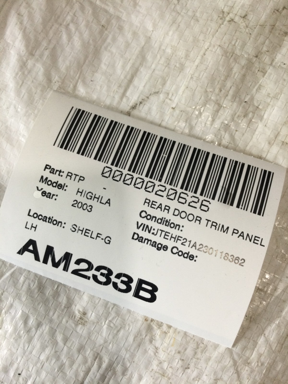 2001-2003 Toyota Highlander Rear Left Driver Door Trim Panel OEM