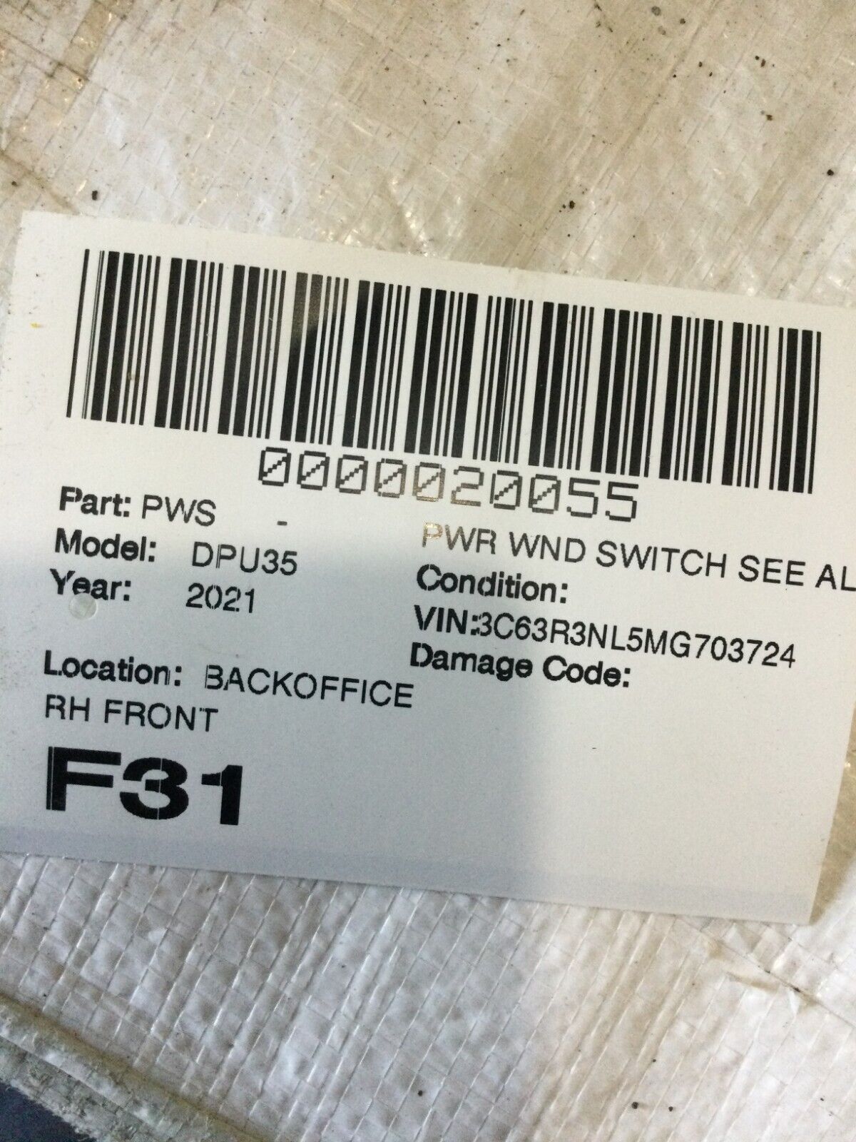 2021 Dodge Ram 3500 Front Right Window Contrlol Switch 68268251AC OEM