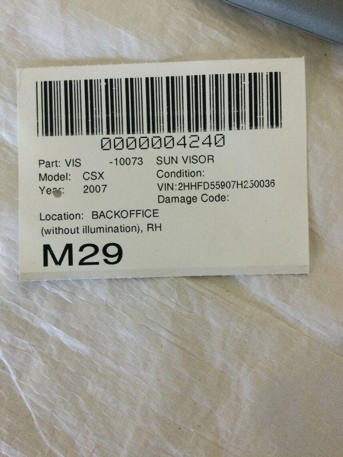 2007 Acura CSX Sun Visor Right Passenger Side RH Gray OEM