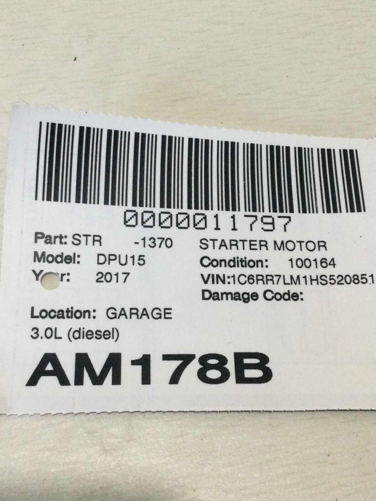 2017 Dodge Ram 1500 Engine Starter Motor OEM 3.0L 68080460AB