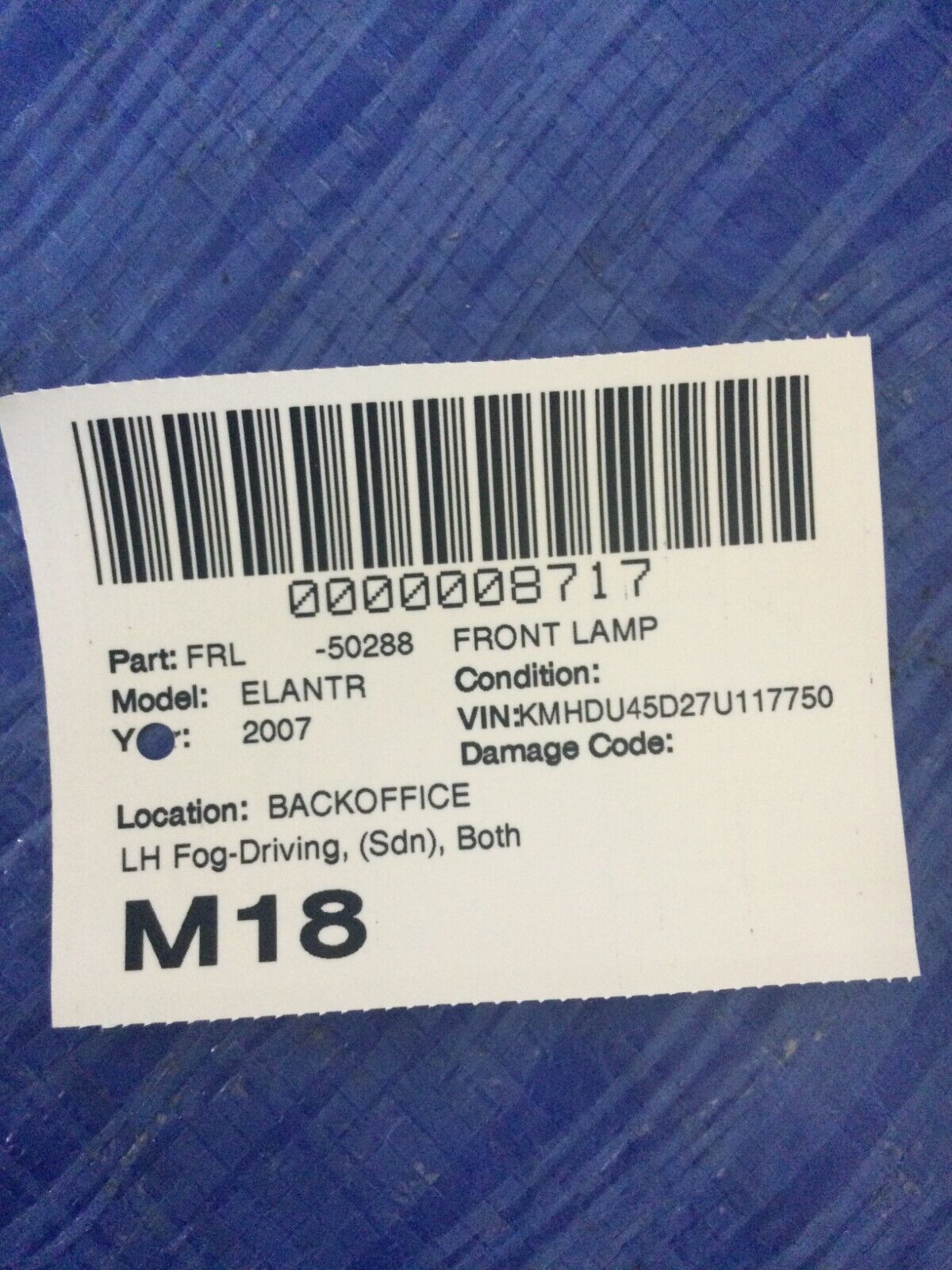 2007 to 2009 Hyundai Elantra Sedan Left Driver Side Fog Light 9451E OEM