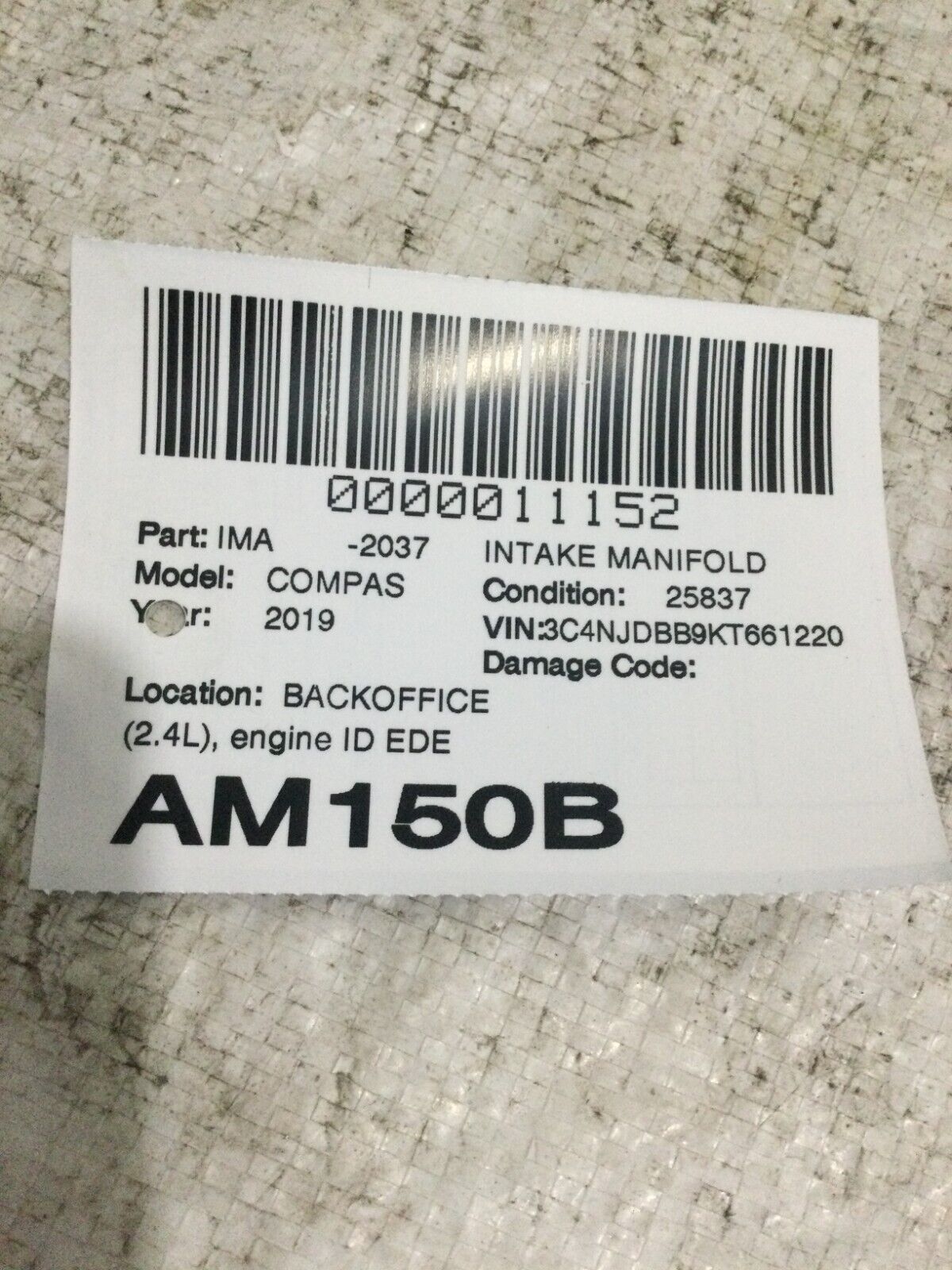 2019 Jeep Compass 2.4l Air Intake Manifold Assembly W/ Fuel Injector Rail OEM