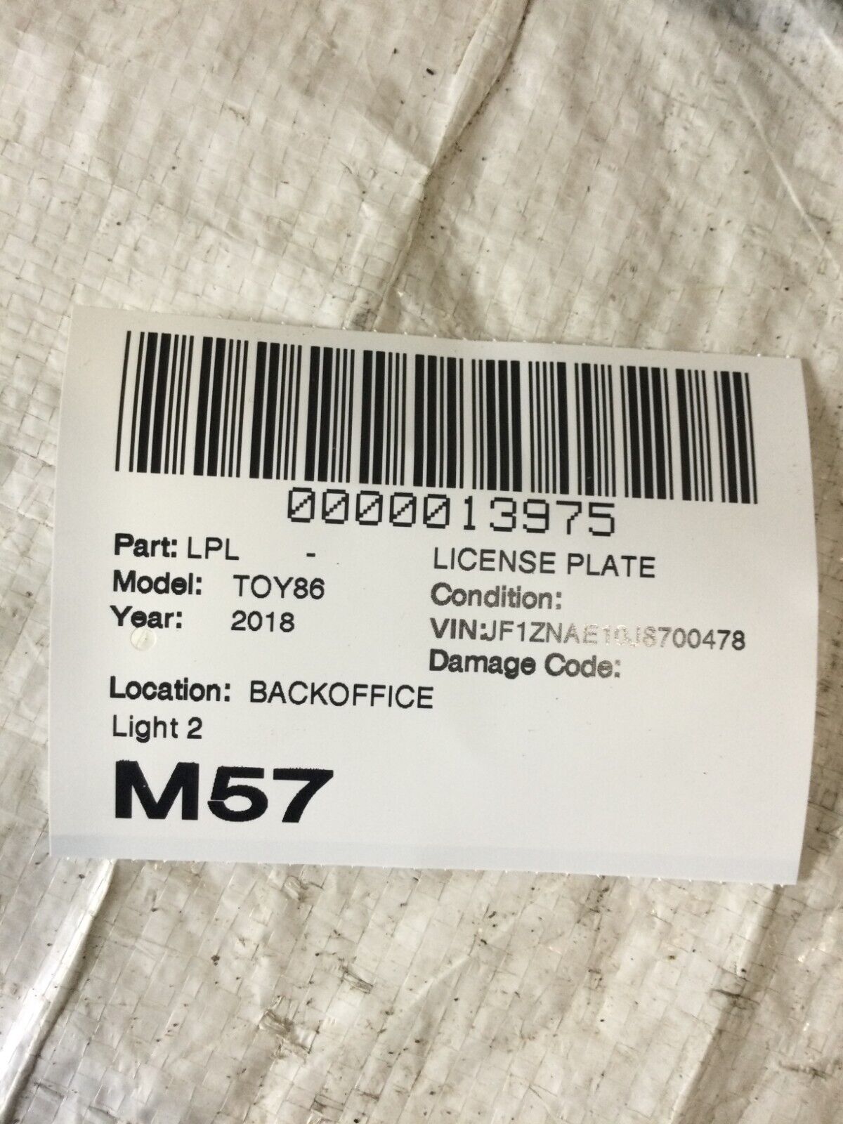 2018 TOYOTA 86 License Plate Light OEM