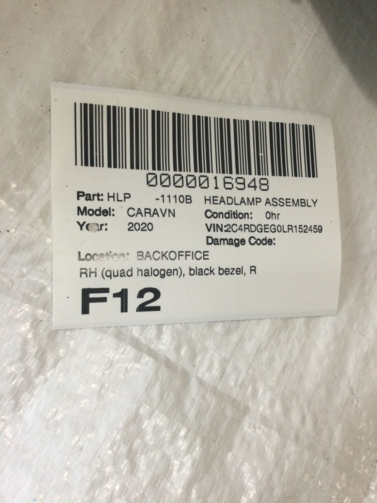 2020 Dodge Grand Caravan Right Passenger Side Headlight Halogen 68206500AE Black