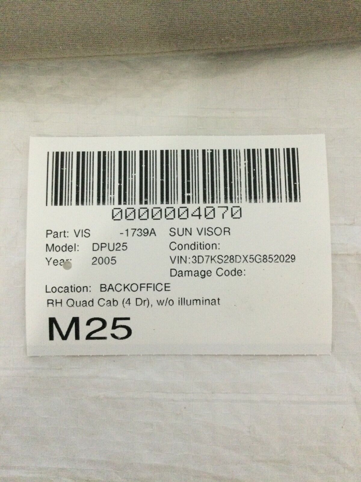 2004-2005 Dodge Ram 2500 Right Passenger Sun Visor OEM RH