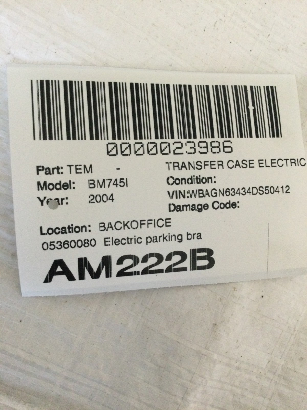 2004 BMW 745I Electronic Emergency Brake Actuator OEM 05360080